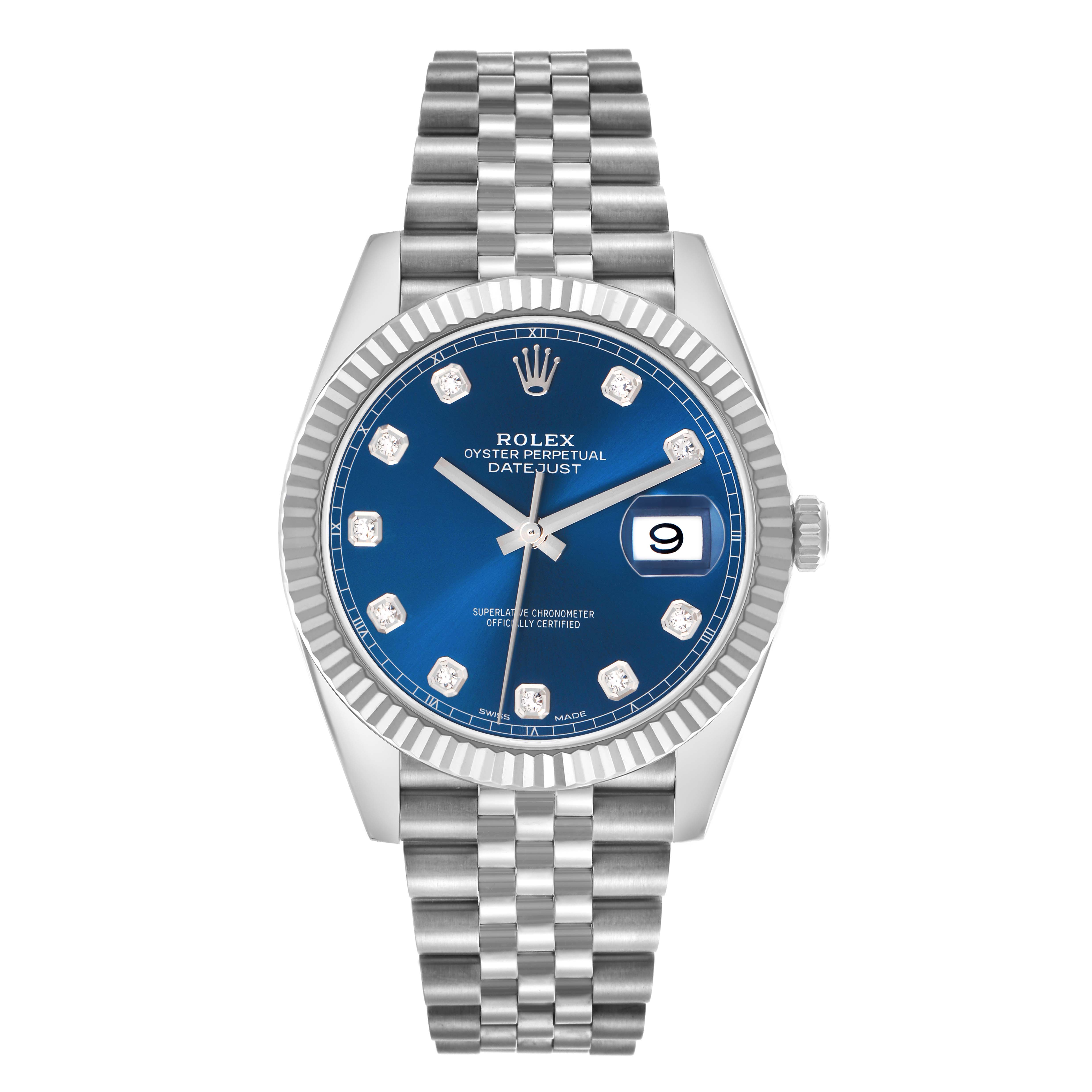 The Rolex Datejust 41, model number 126334, is shown from a front angle displaying the dial, bezel, jubilee bracelet, and crown.