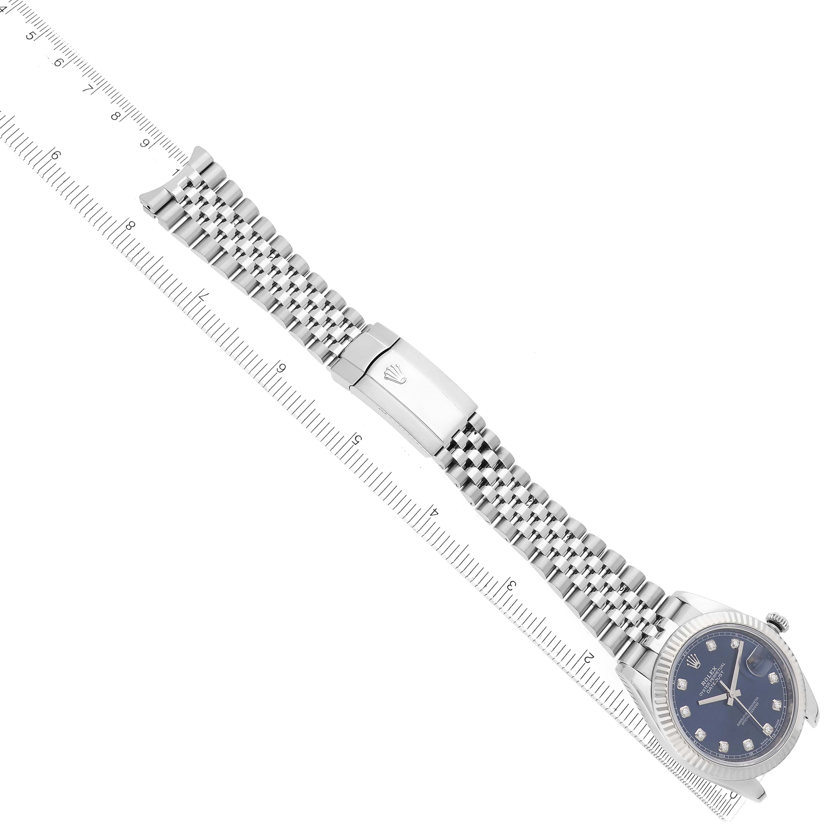 The image shows a Rolex Datejust 41 (model 126334) viewed from an angled top perspective, highlighting its jubilee bracelet, clasp, and partially visible watch face.