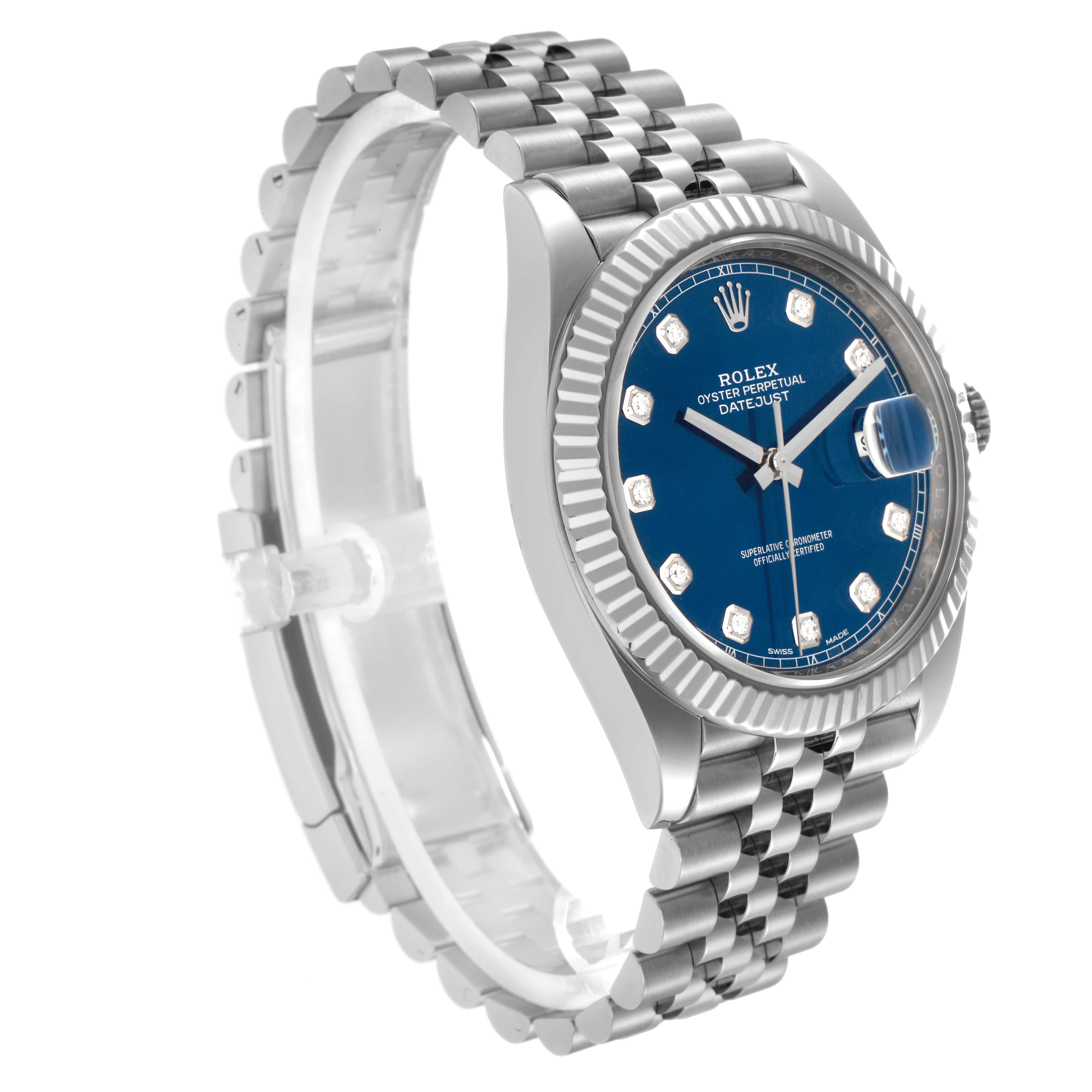 The Rolex Datejust 41, model 126334, is displayed at a three-quarter angle emphasizing the blue dial, fluted bezel, and Jubilee bracelet.