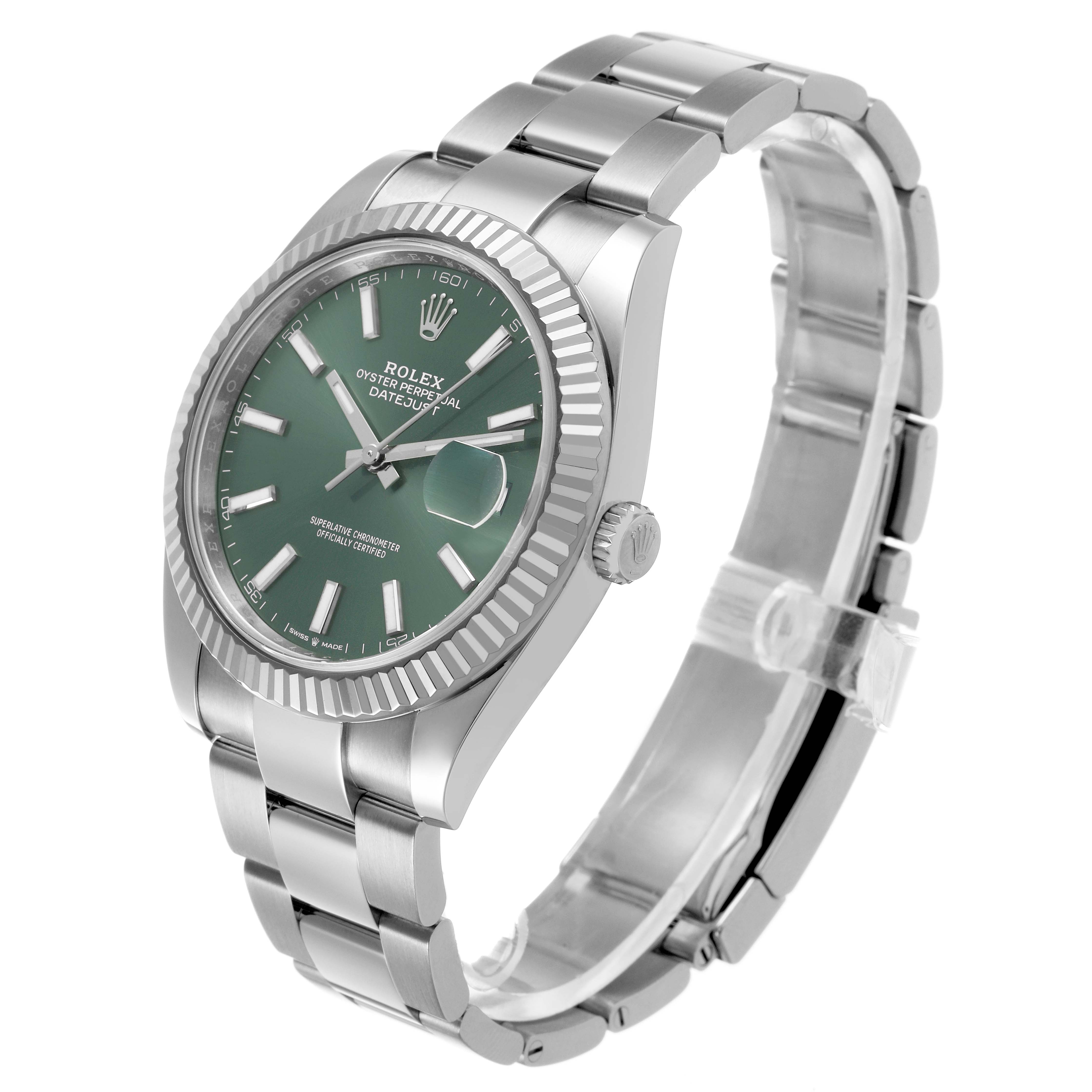 The Rolex Datejust 41 126334 Men's Stainless Steel Green Dial watch is shown at a three-quarter angle, highlighting the face, bezel, crown, and part of the bracelet.