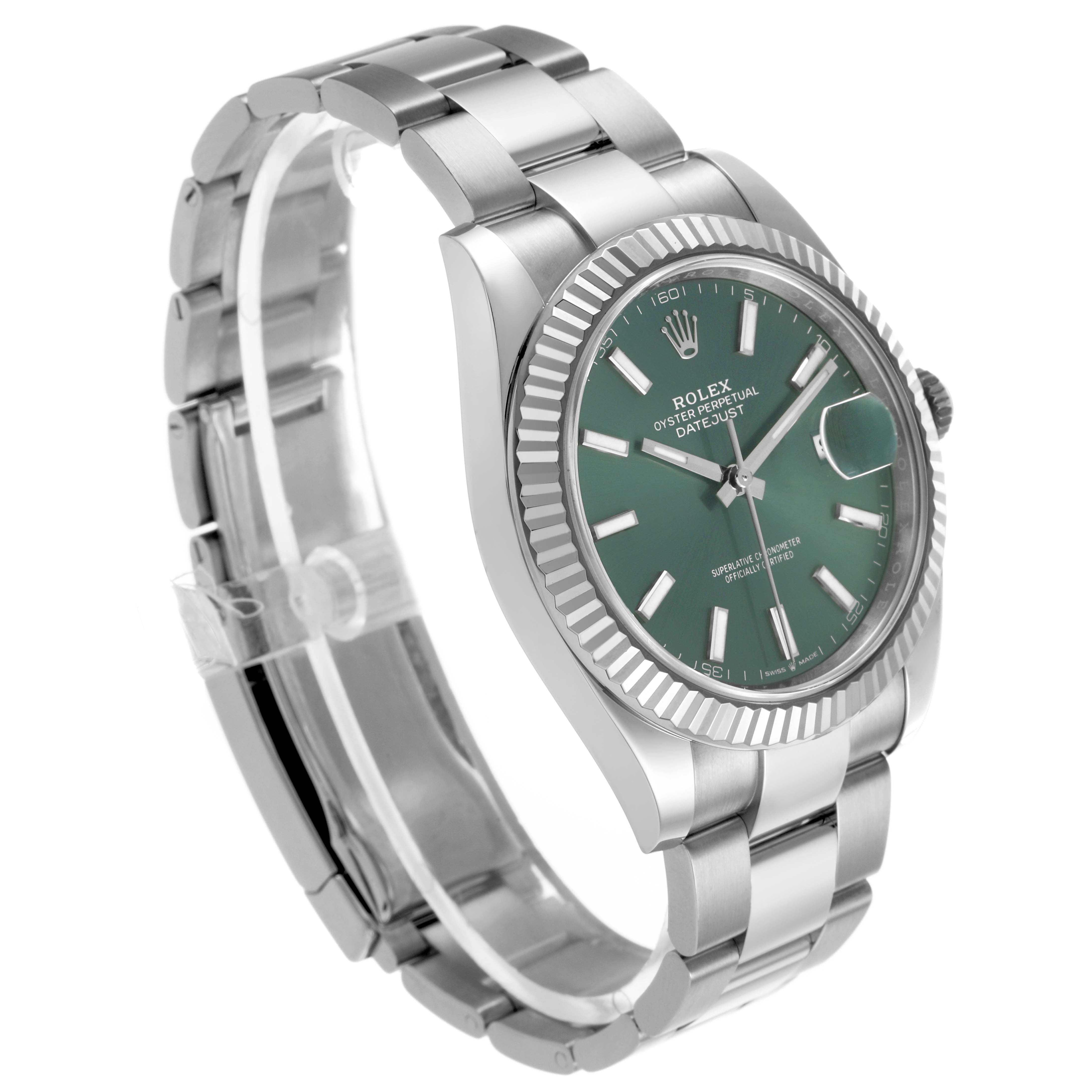 The Rolex Datejust 41 126334 Men's Stainless Steel Green Dial is shown at an angle highlighting the green dial, fluted bezel, and bracelet.