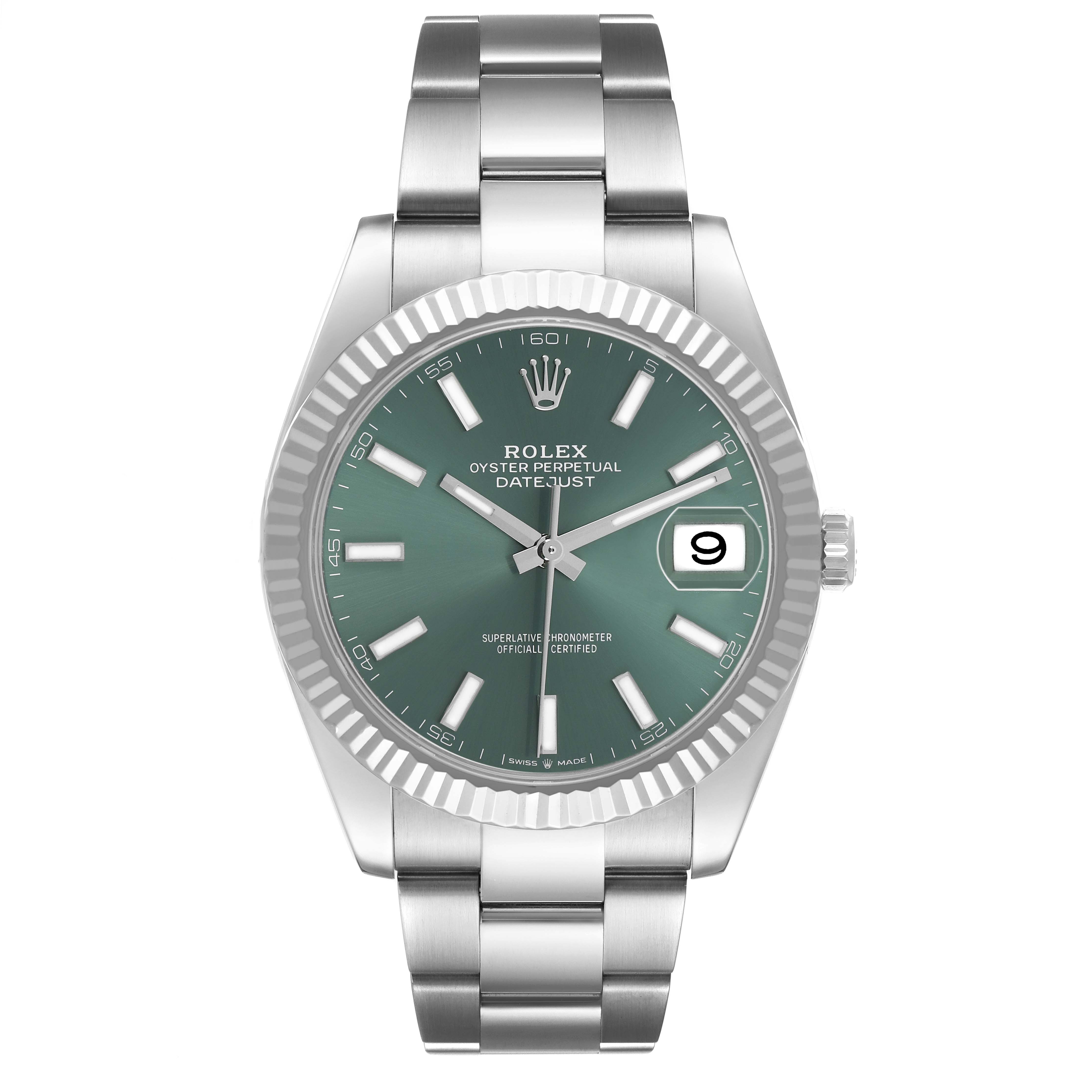 The Rolex Datejust 41 126334 Men's Stainless Steel Green Dial watch is shown from a front view, displaying the bezel, green dial, hands, and bracelet.