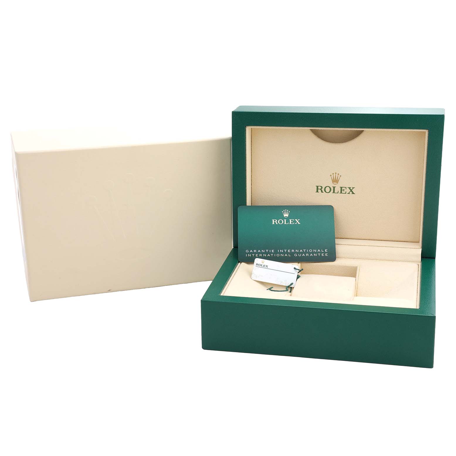 The image shows a Rolex Datejust 41 126334 Men's Stainless Steel Green Dial packaging box, warranty card, and tags from a front angle.
