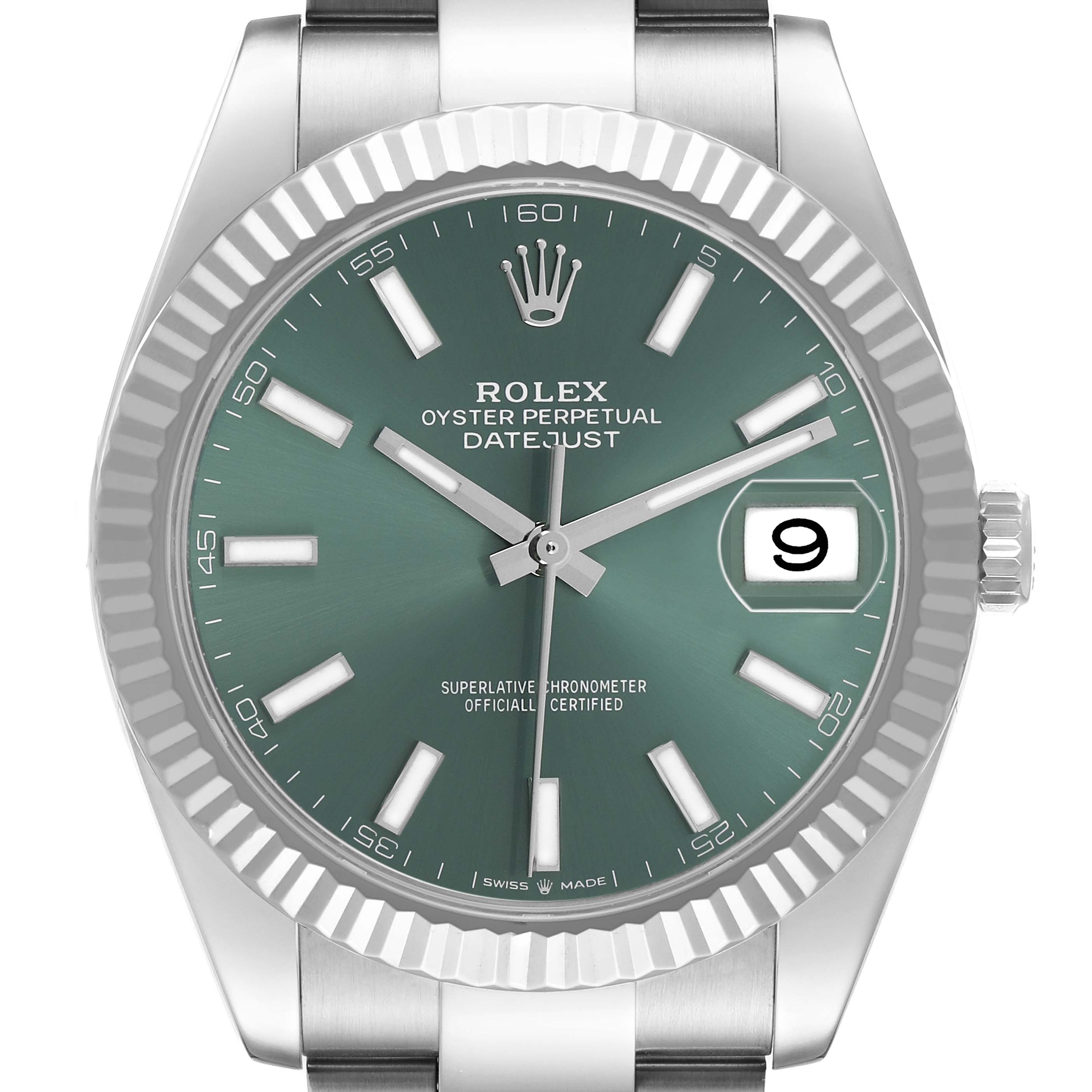 The Rolex Datejust 41 126334 Men's Stainless Steel Green Dial watch is shown from the front, featuring the dial, bezel, crown, and part of the bracelet.