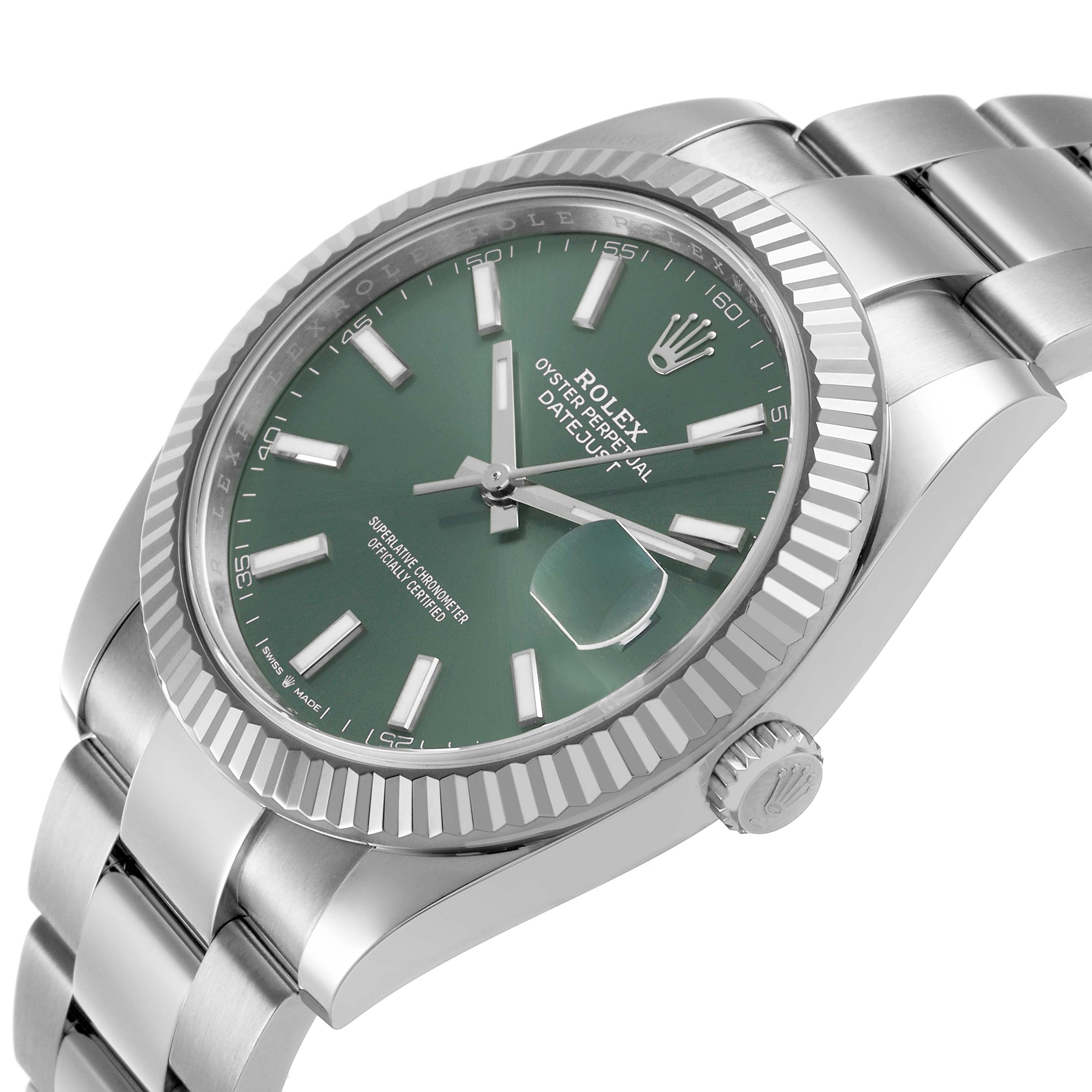 The Rolex Datejust 41 126334 Men's Stainless Steel Green Dial is shown at a three-quarter angle, displaying the green dial, bezel, crown, and part of the bracelet.