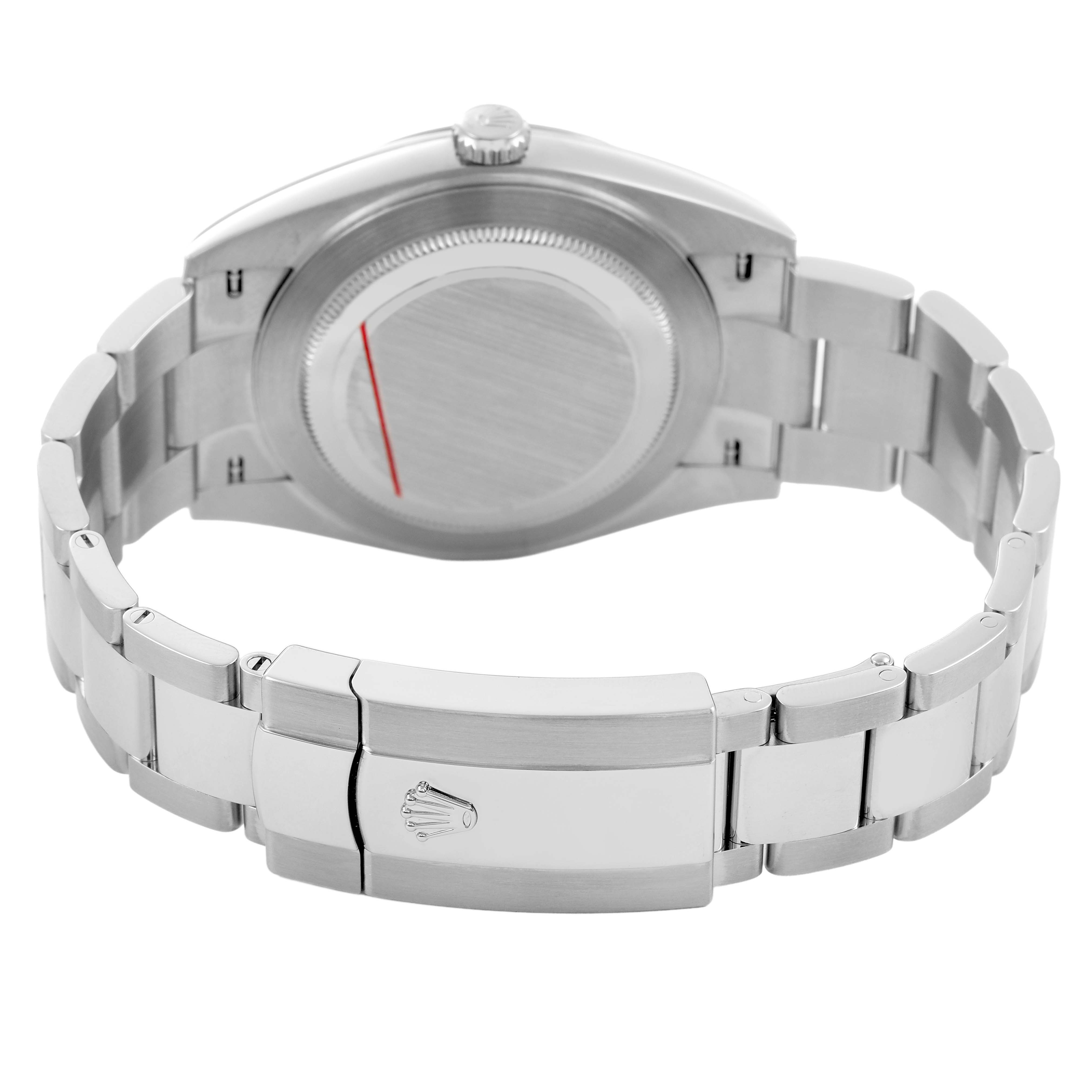 The image shows the back of a Rolex Datejust 41 126334 Men's Stainless Steel Green Dial, highlighting the case back, bracelet, and clasp with the Rolex logo.