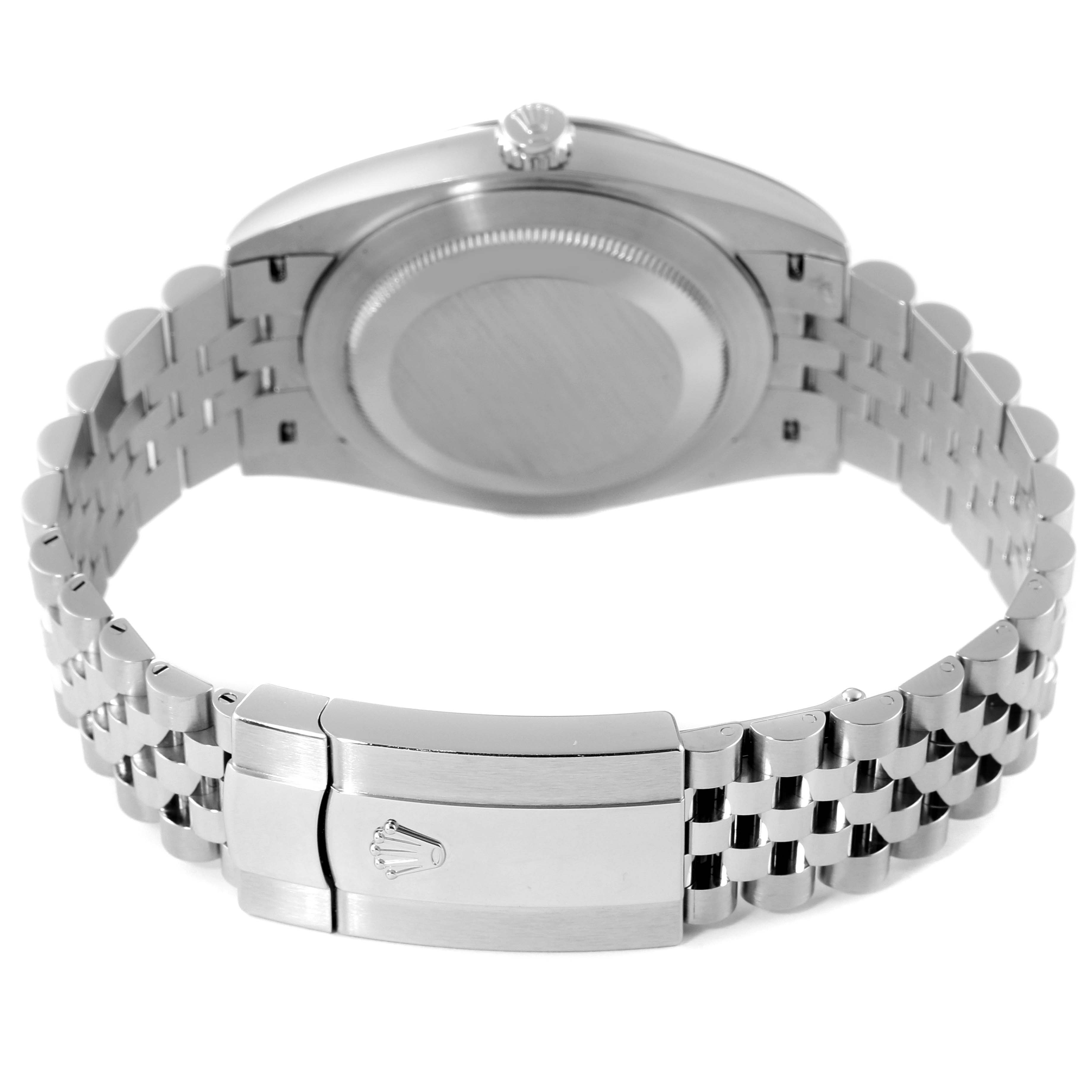 The image shows the back view of a Rolex Datejust 41 126334 Men's Stainless Steel White Dial 126334 Men's Stainless Steel White Dial watch, highlighting the case back, crown, and bracelet with the clasp.