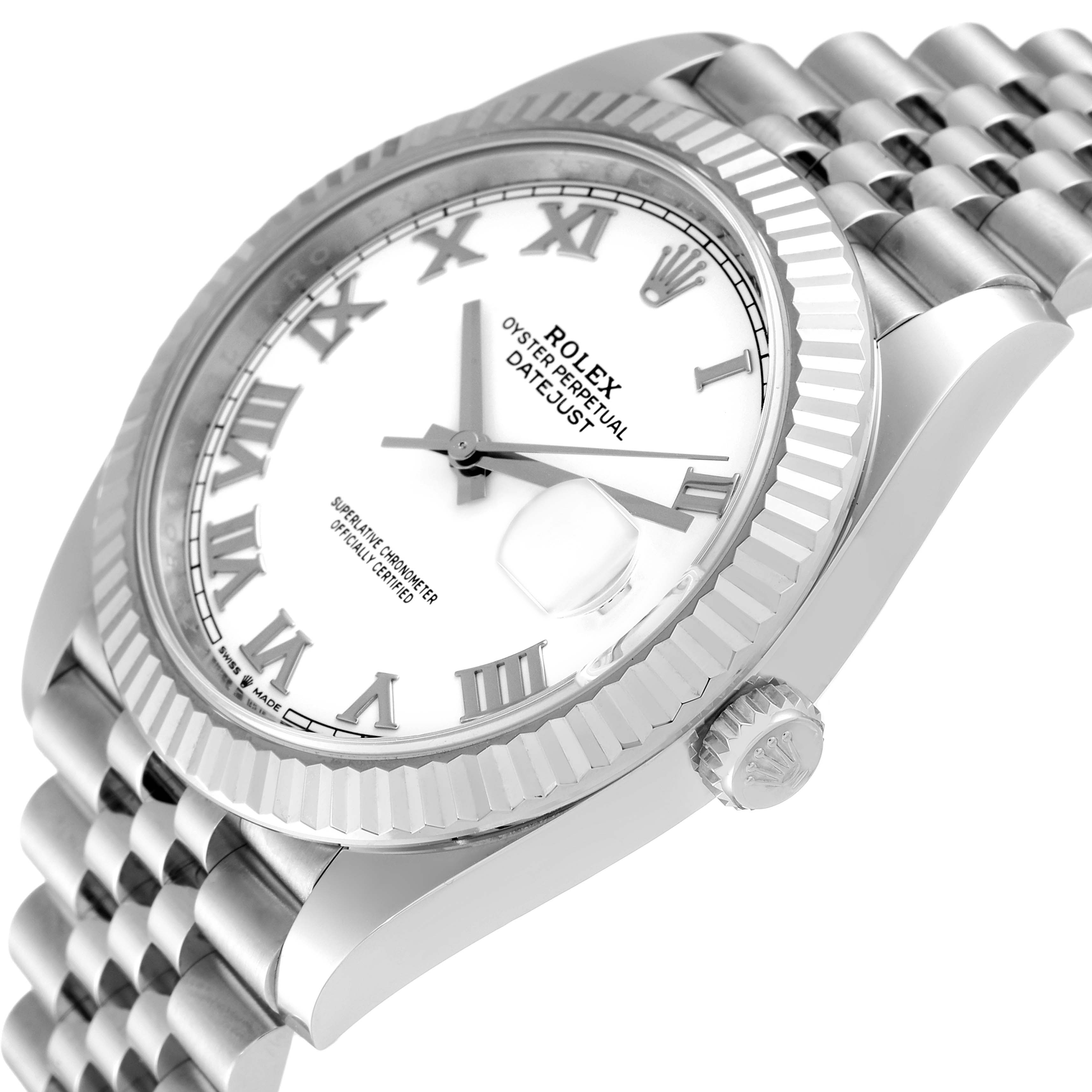 The image shows a Rolex Datejust 41 126334 Men's Stainless Steel White Dial 126334 Men's Stainless Steel White Dial watch at an angled side view, highlighting the dial, bezel, crown, and part of the bracelet.