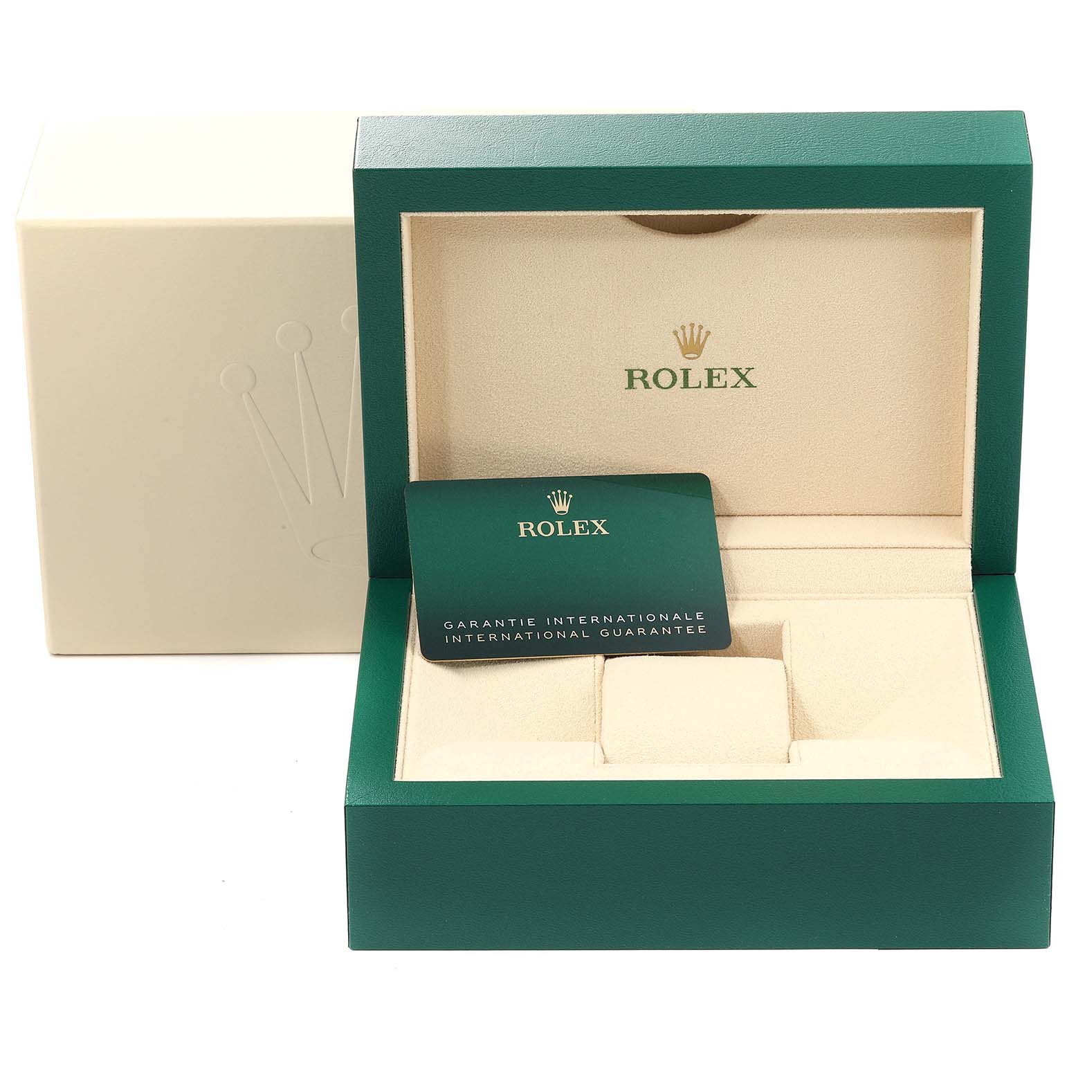 Shown is an open Rolex Datejust 41 126334 Men's Stainless Steel White Dial 126334 Men's Stainless Steel White Dial box with a warranty card inside, viewed from a front angle.