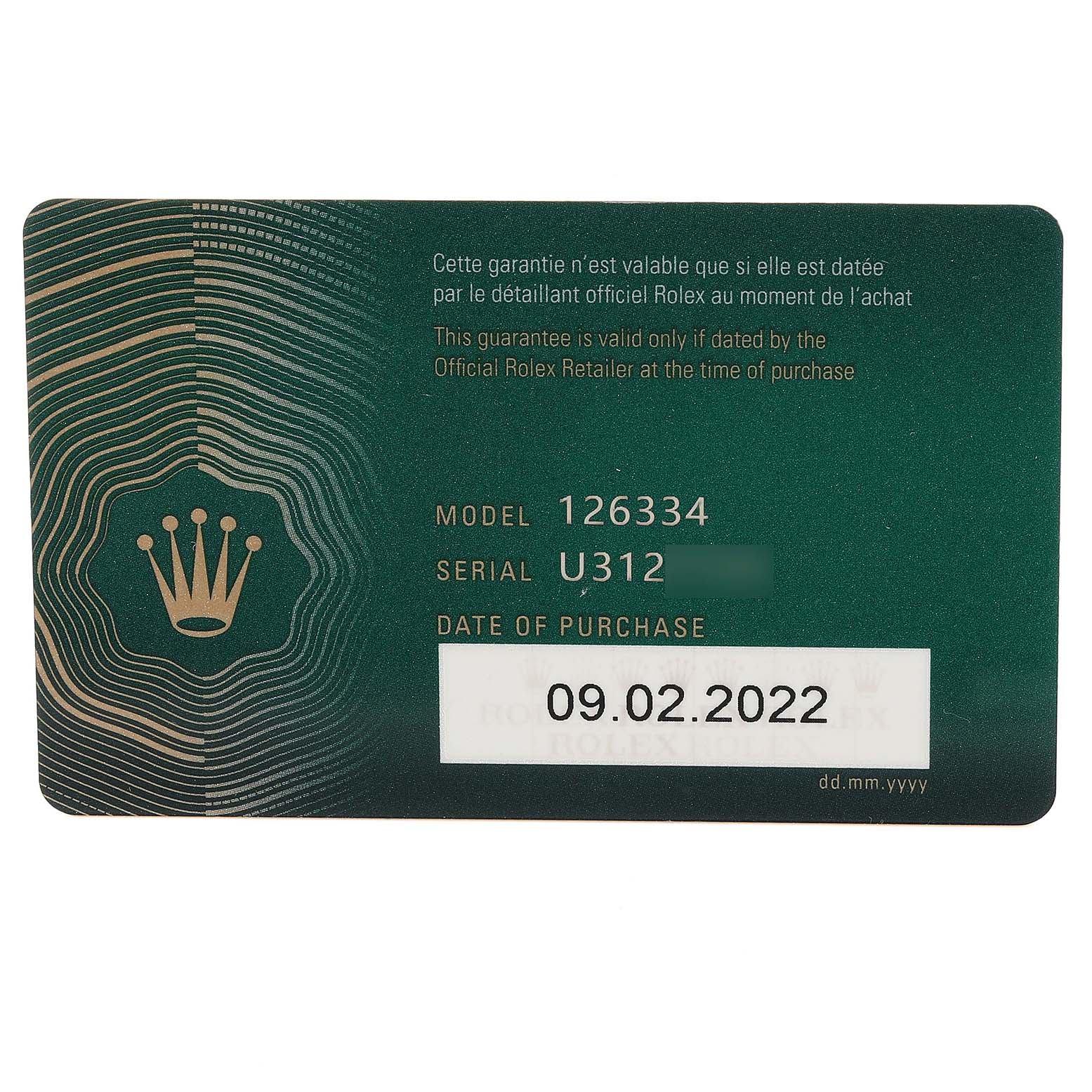 This image shows the guarantee card for a Rolex Datejust 41 126334 Men's Stainless Steel White Dial 126334 Men's Stainless Steel White Dial, model 126334, with a purchase date of 09.02.2022.