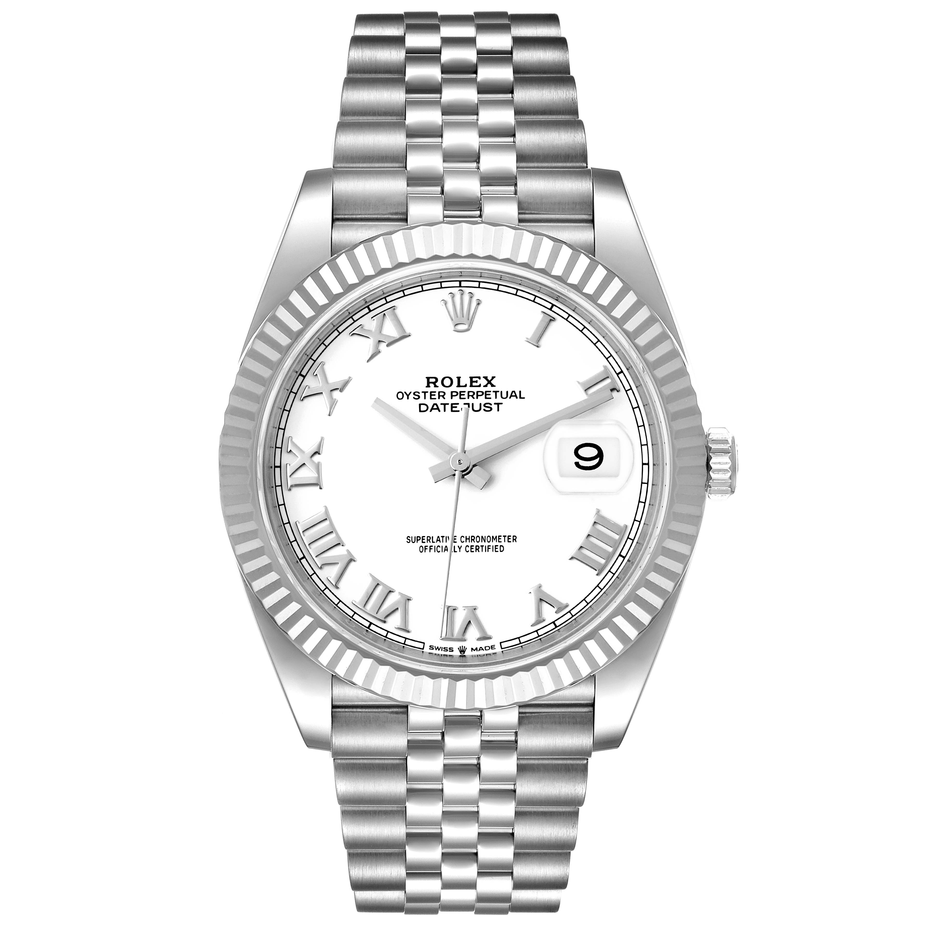 The image shows a Rolex Datejust 41 126334 Men's Stainless Steel White Dial 126334 Men's Stainless Steel White Dial watch from a frontal angle, displaying the face, bezel, and bracelet.