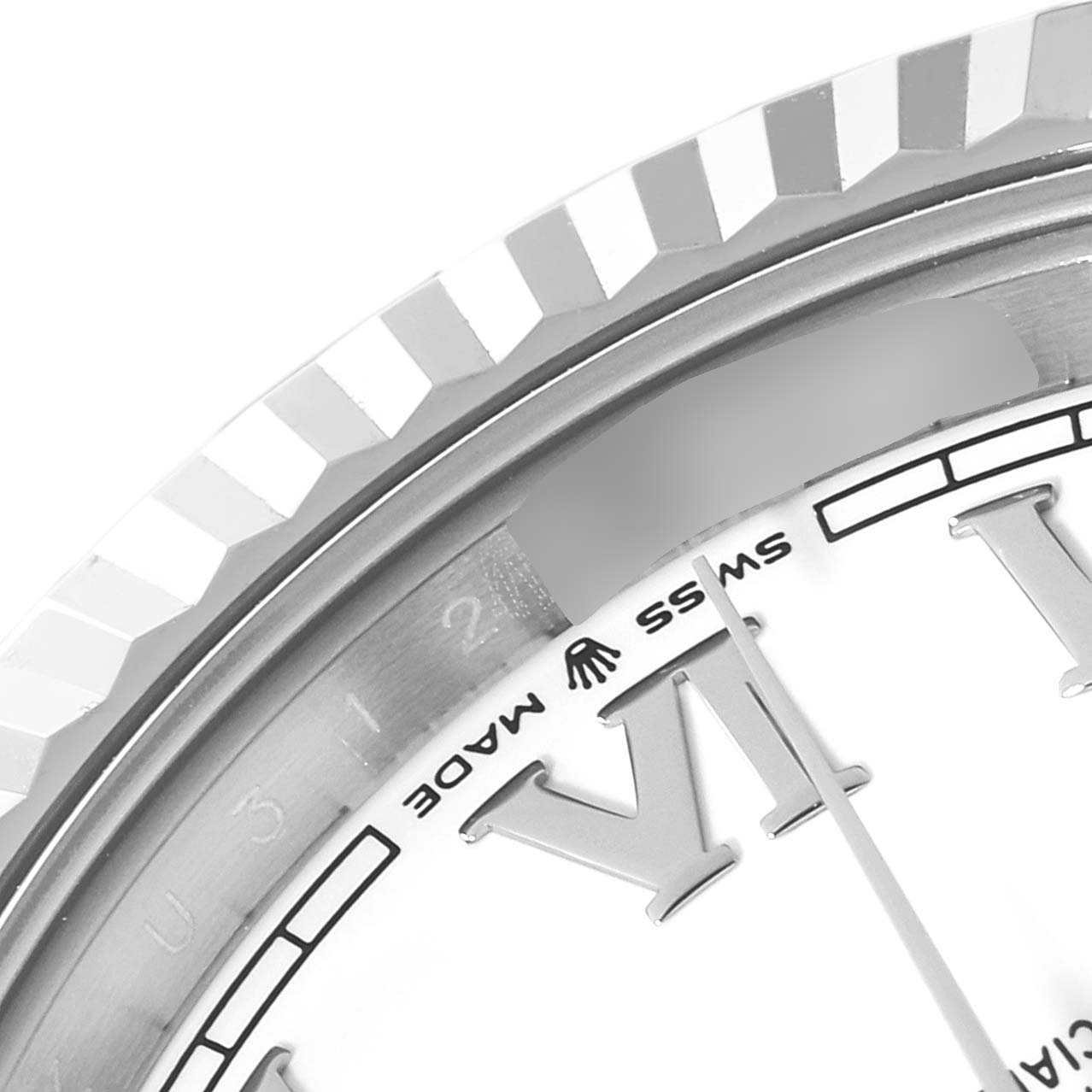 The image shows a close-up of the dial, Roman numeral, and fluted bezel of a Rolex Datejust 41 126334 Men's Stainless Steel White Dial 126334 Men's Stainless Steel White Dial watch.