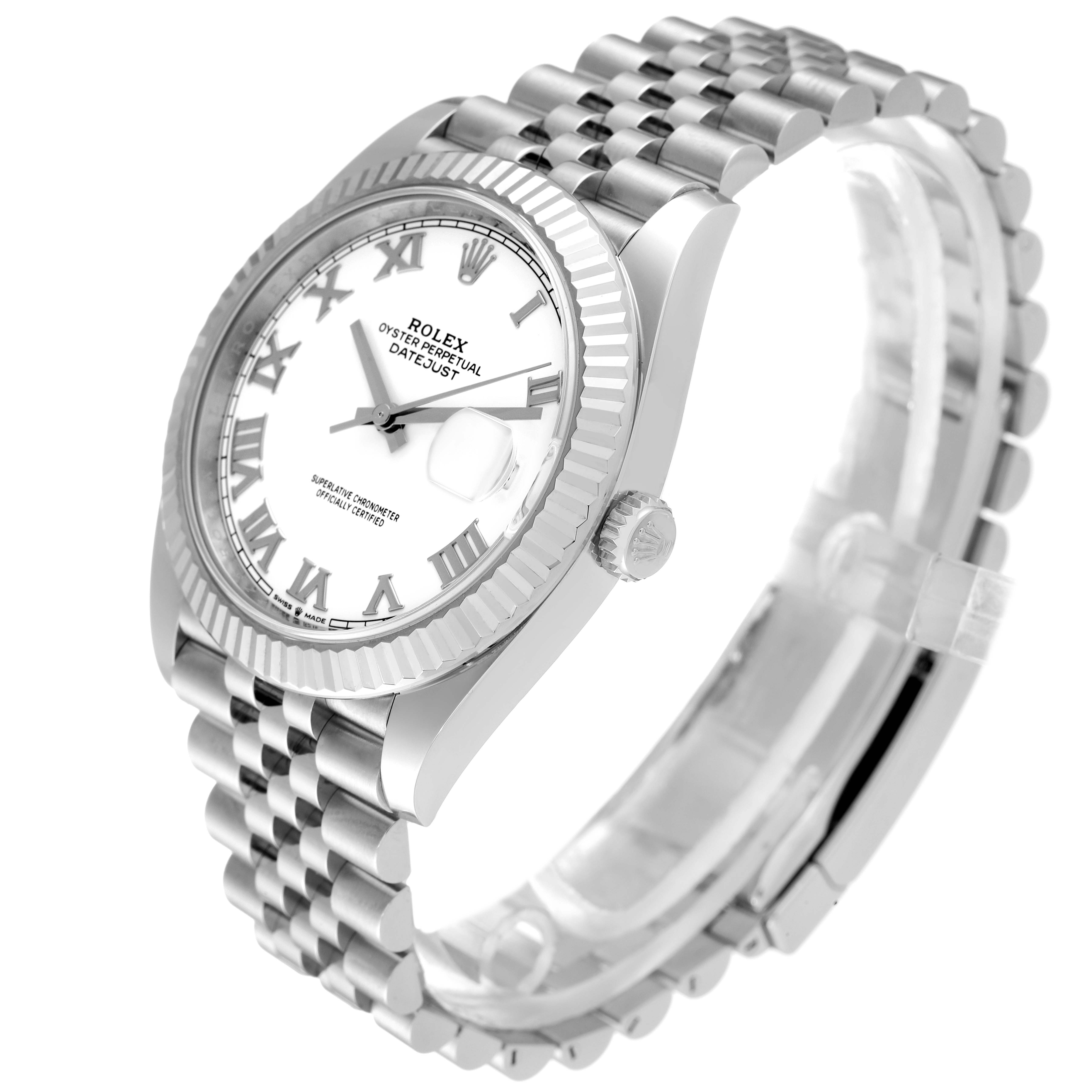 The image shows a Rolex Datejust 41 126334 Men's Stainless Steel White Dial 126334 Men's Stainless Steel White Dial watch at a three-quarter angle, highlighting the dial, bezel, crown, and bracelet.