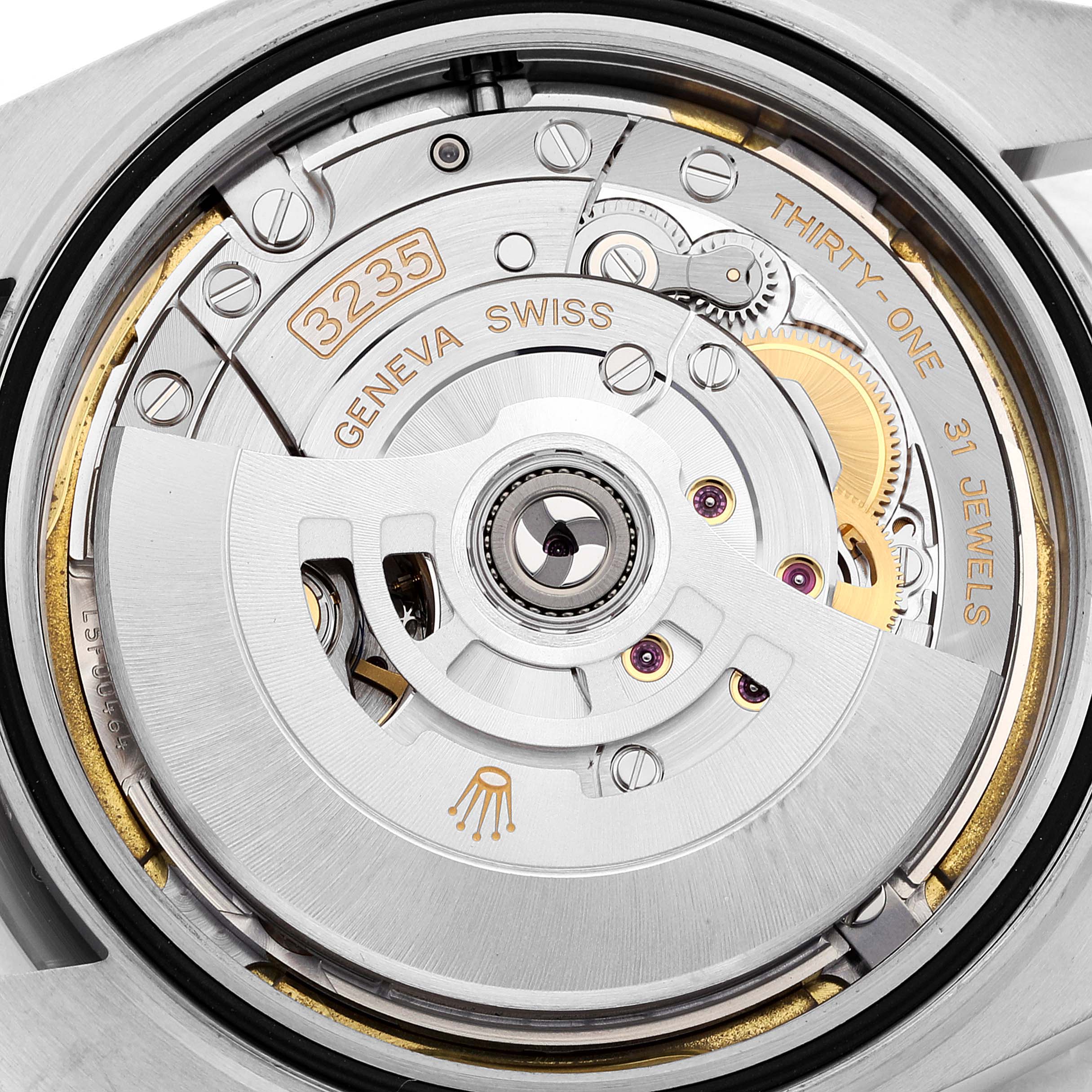 This image shows a close-up view of the movement mechanism inside a Rolex Datejust 41 126334 Men's Stainless Steel White Dial 126334 Men's Stainless Steel White Dial watch.