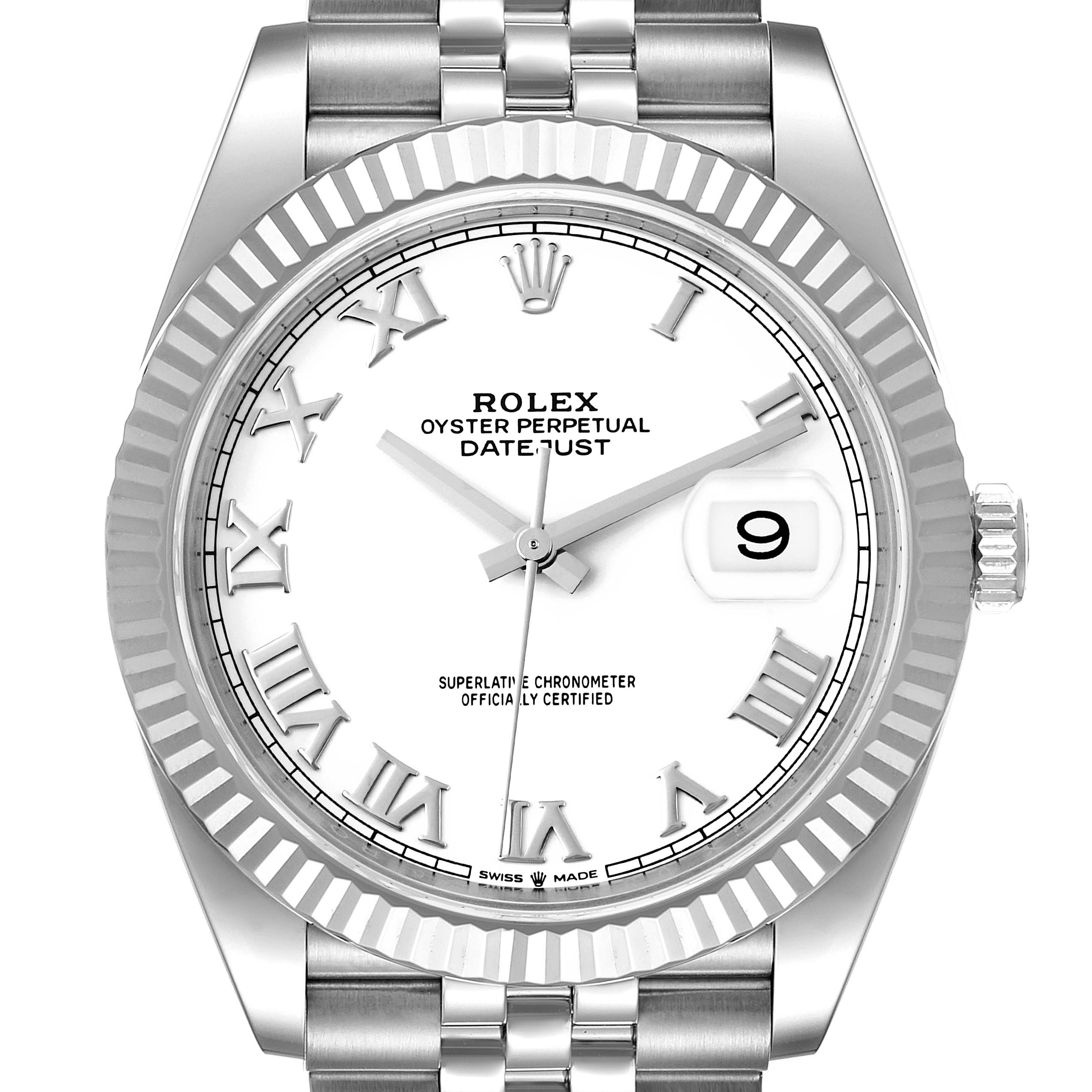 The image shows a front view of a Rolex Datejust 41 126334 Men's Stainless Steel White Dial 126334 Men's Stainless Steel White Dial watch, highlighting the dial, fluted bezel, and bracelet.
