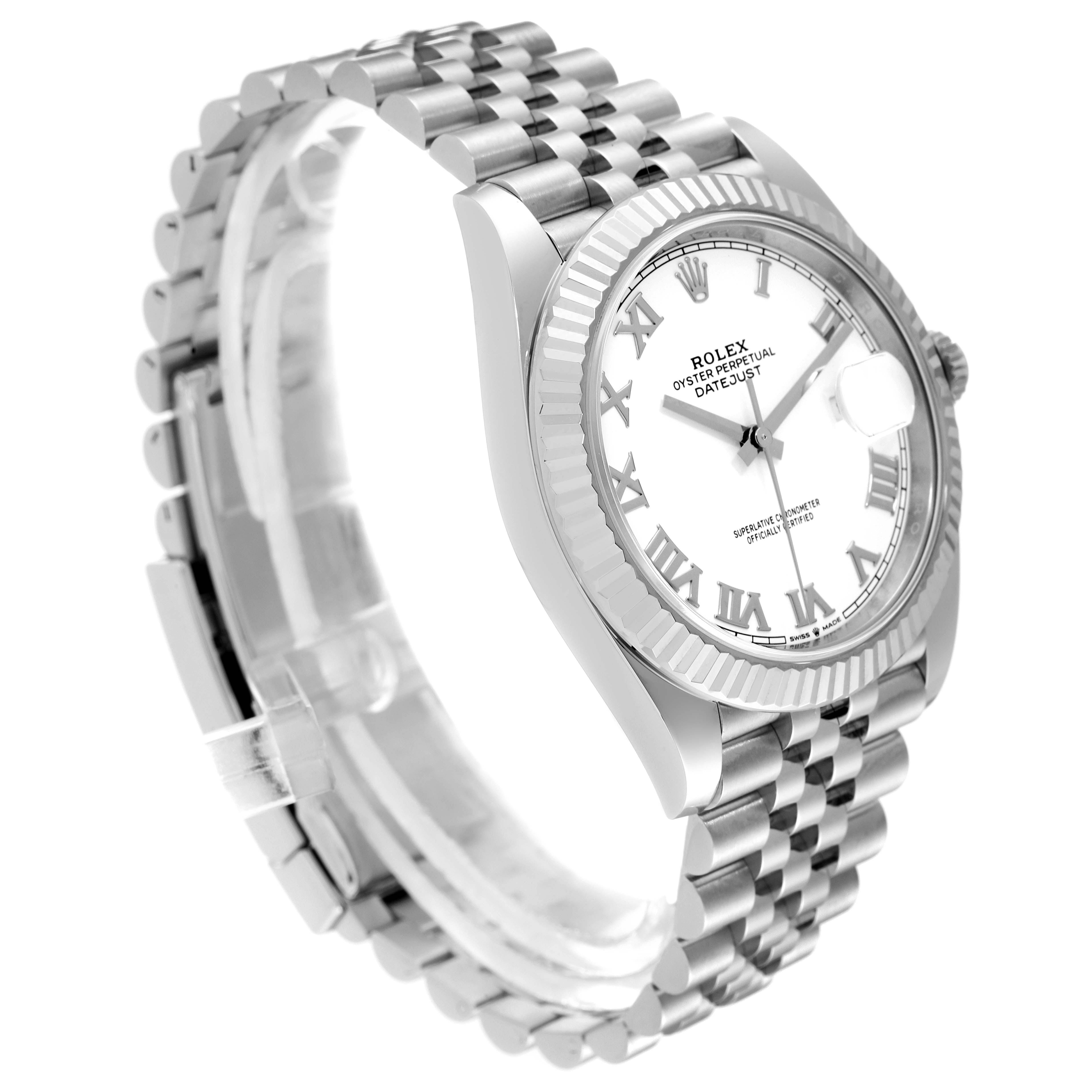 The image shows a side view of the Rolex Datejust 41 126334 Men's Stainless Steel White Dial 126334 Men's Stainless Steel White Dial watch, highlighting its bracelet, bezel, and dial.
