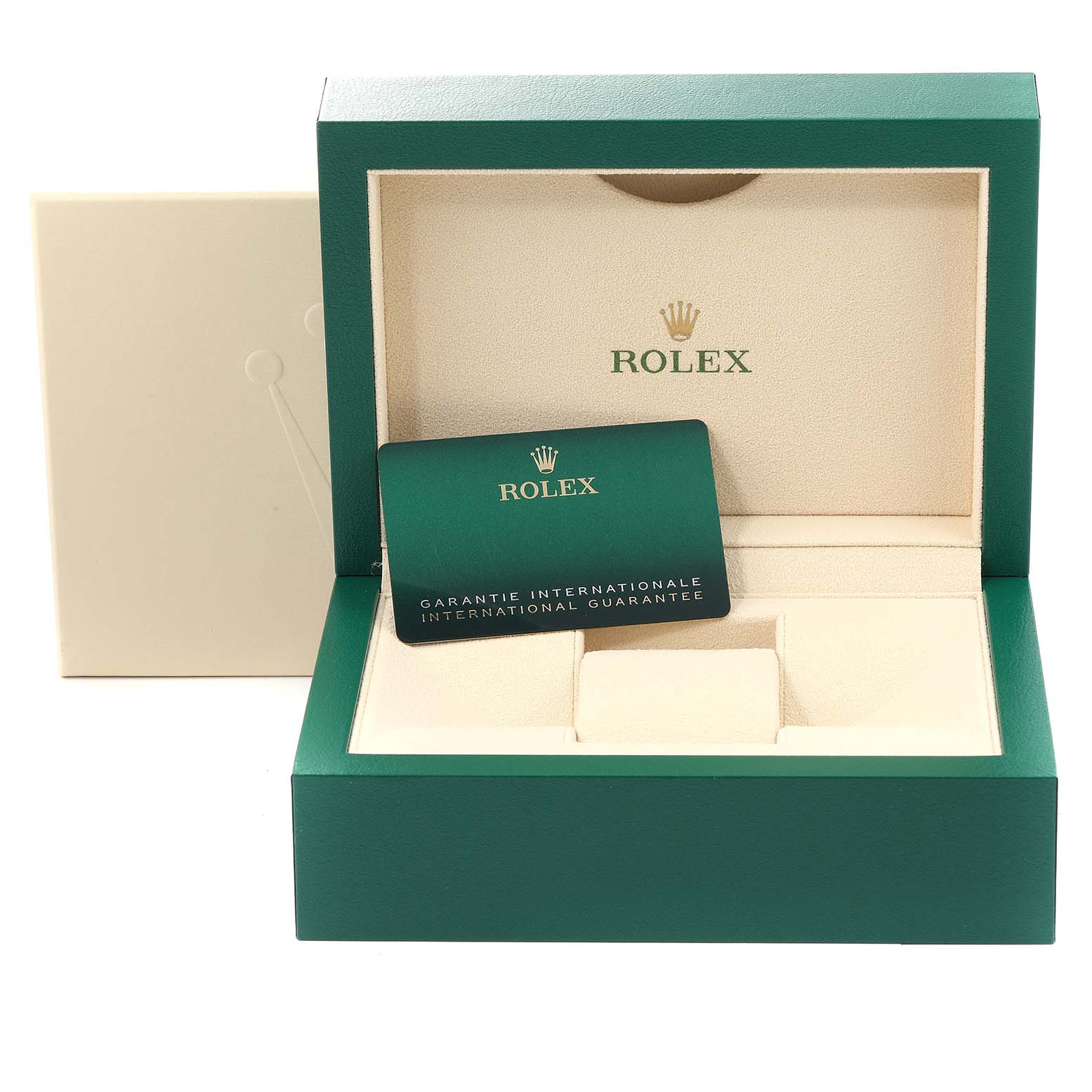The image shows an open box for a Rolex Datejust 41 126300 Men's Stainless Steel White Dial 126300 Men's Stainless Steel White Dial watch, displaying the international guarantee card.