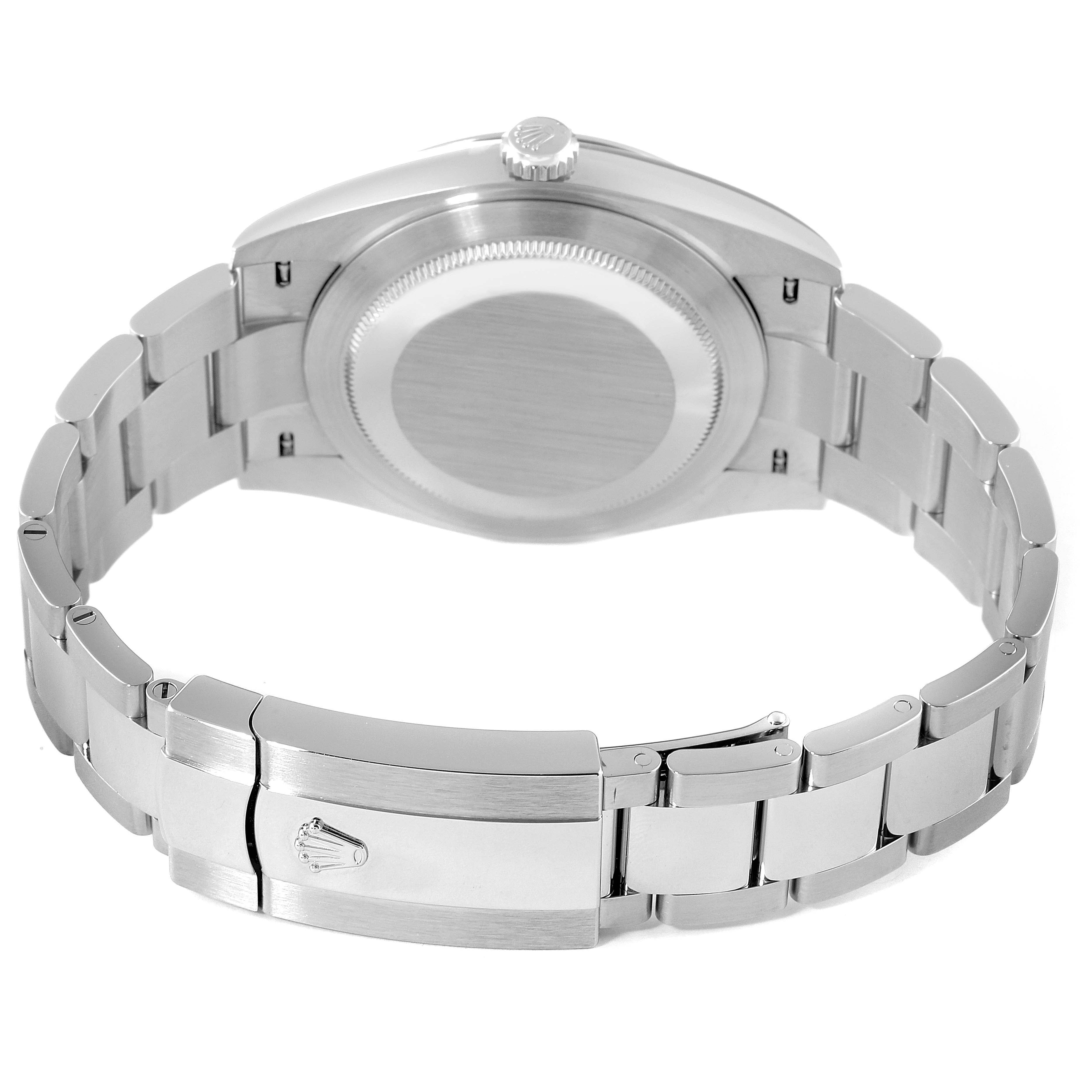 The image shows the back view of the Rolex Datejust 41 126300 Men's Stainless Steel White Dial 126300 Men's Stainless Steel White Dial watch, highlighting the case back and part of the bracelet.