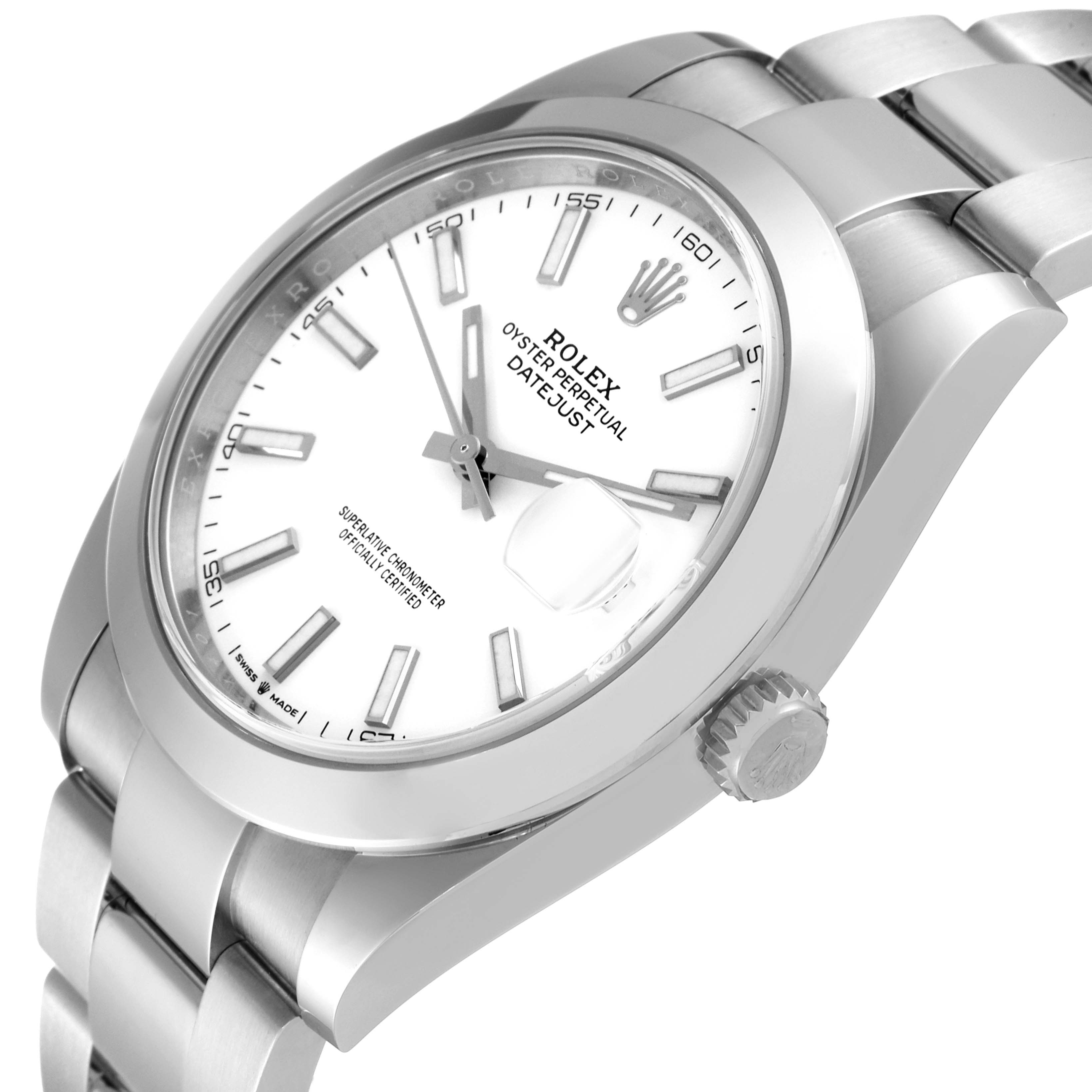 The image shows a Rolex Datejust 41 126300 Men's Stainless Steel White Dial 126300 Men's Stainless Steel White Dial model watch at an angled view, highlighting its face, bezel, crown, and part of the bracelet.