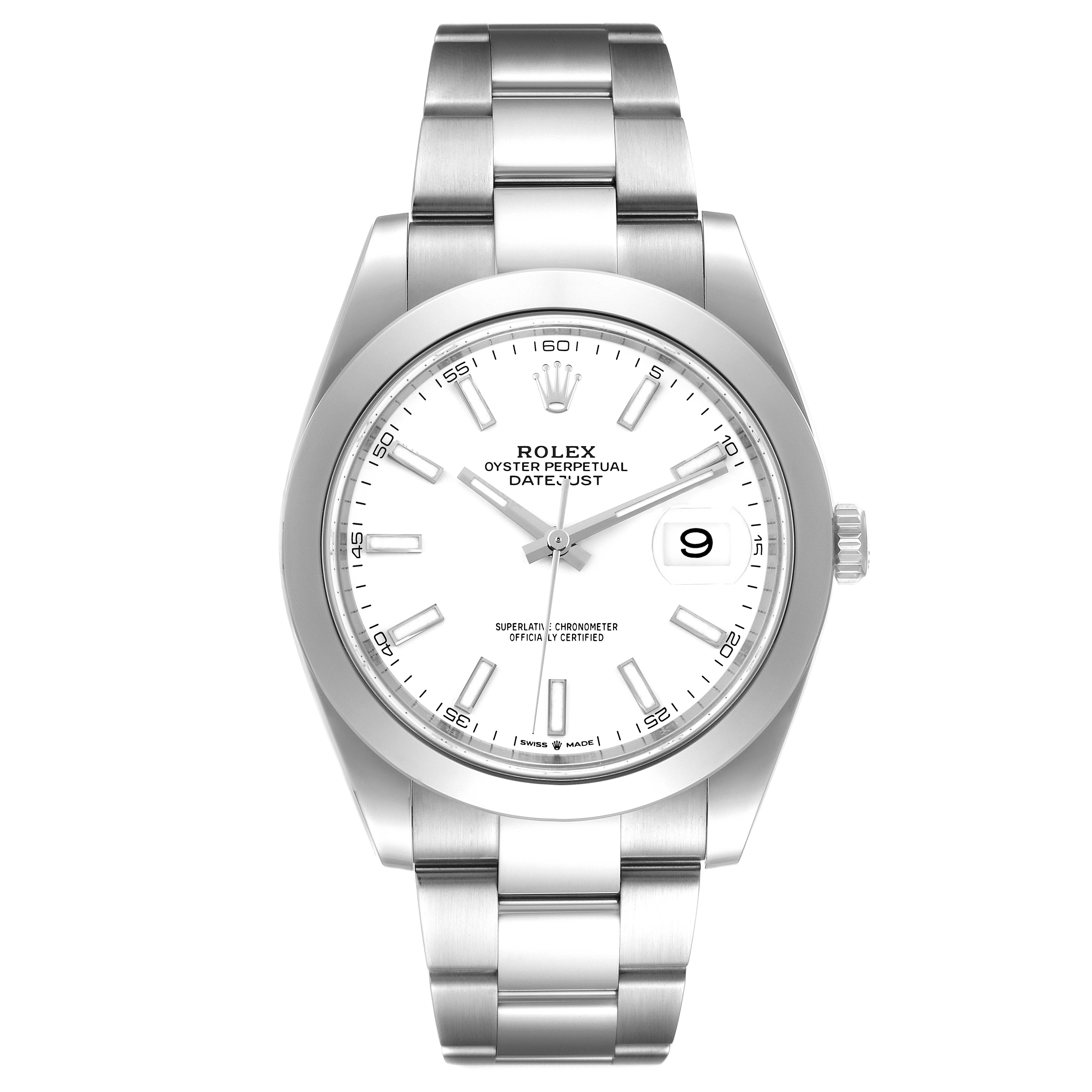 The image shows a frontal view of the Rolex Datejust 41 126300 Men's Stainless Steel White Dial 126300 Men's Stainless Steel White Dial watch, highlighting the dial, bracelet, and crown.