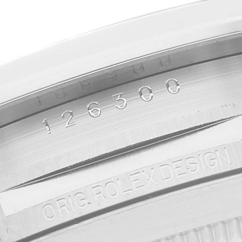 This close-up image displays the inner bezel and model number engraving of the Rolex Datejust 41 126300 Men's Stainless Steel White Dial 126300 Men's Stainless Steel White Dial.