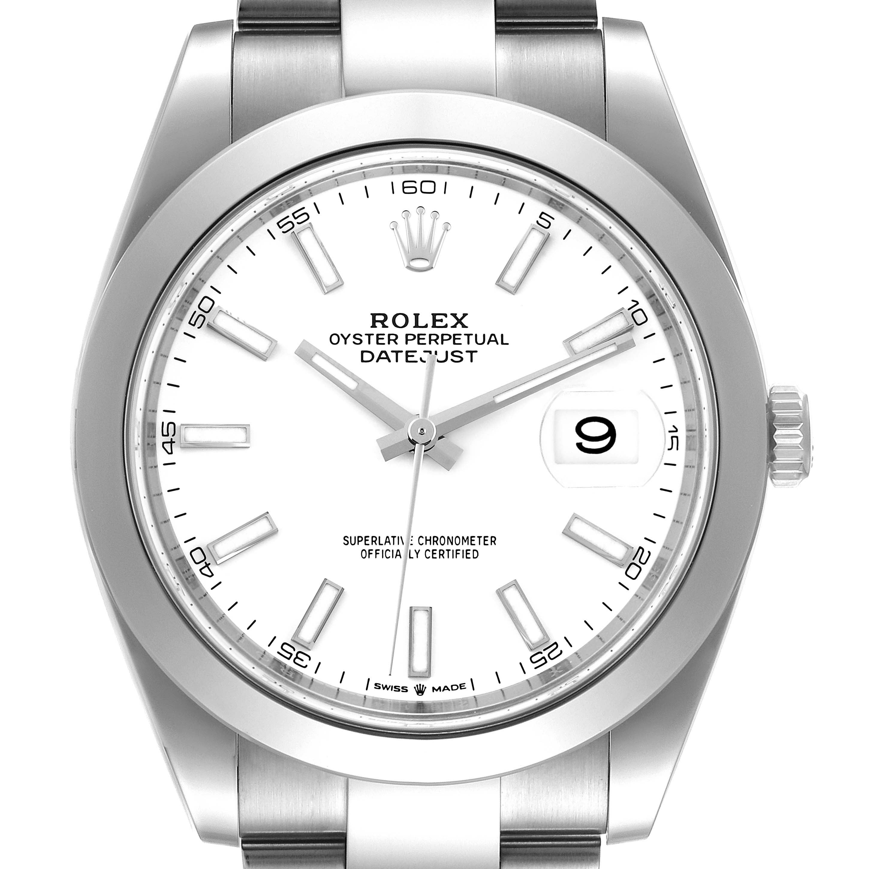 This image shows a front view of the Rolex Datejust 41 126300 Men's Stainless Steel White Dial 126300 Men's Stainless Steel White Dial watch, highlighting the dial, hands, date window, crown, and part of the bracelet.
