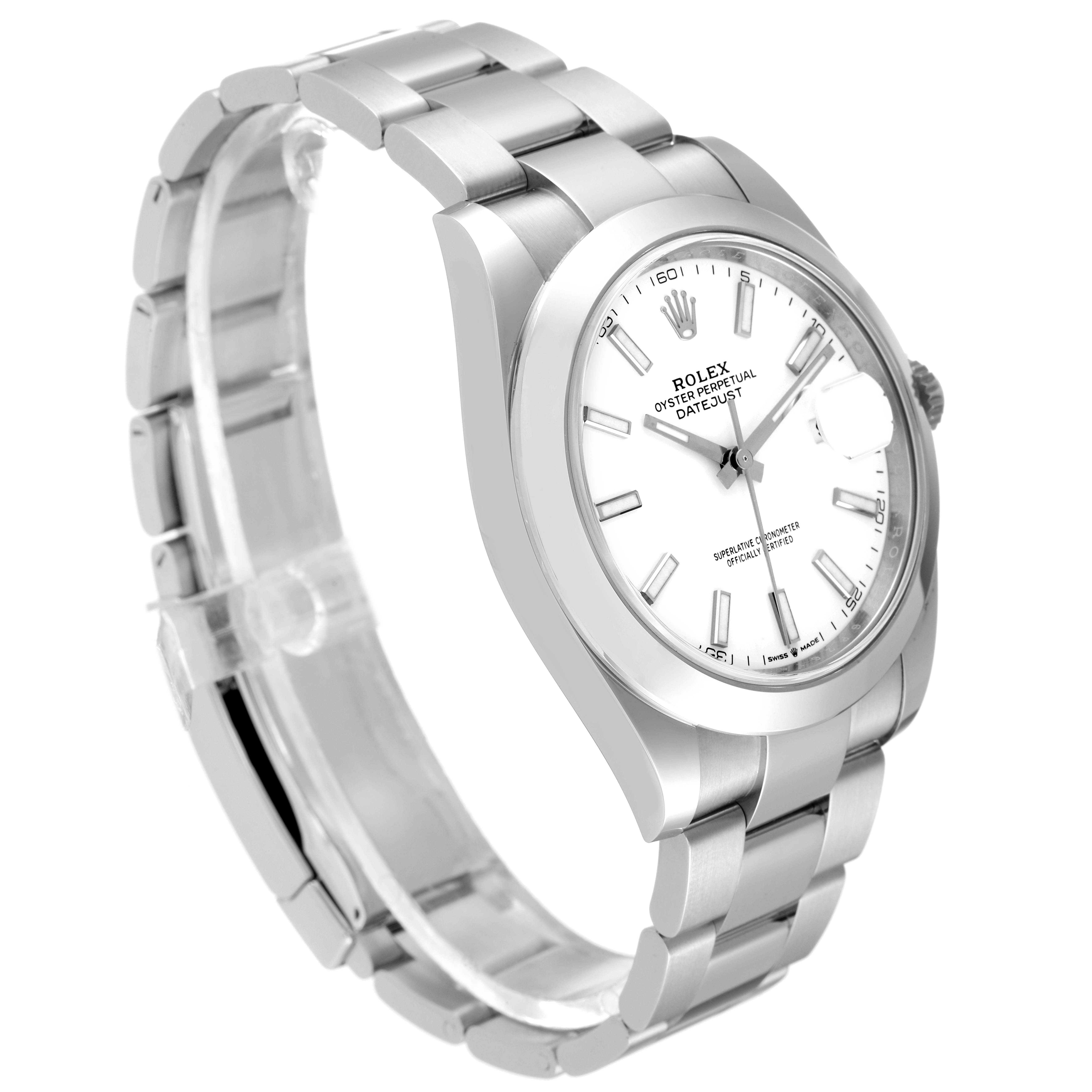 The image shows a Rolex Datejust 41 126300 Men's Stainless Steel White Dial 126300 Men's Stainless Steel White Dial from an angled side view, highlighting the face and bracelet.