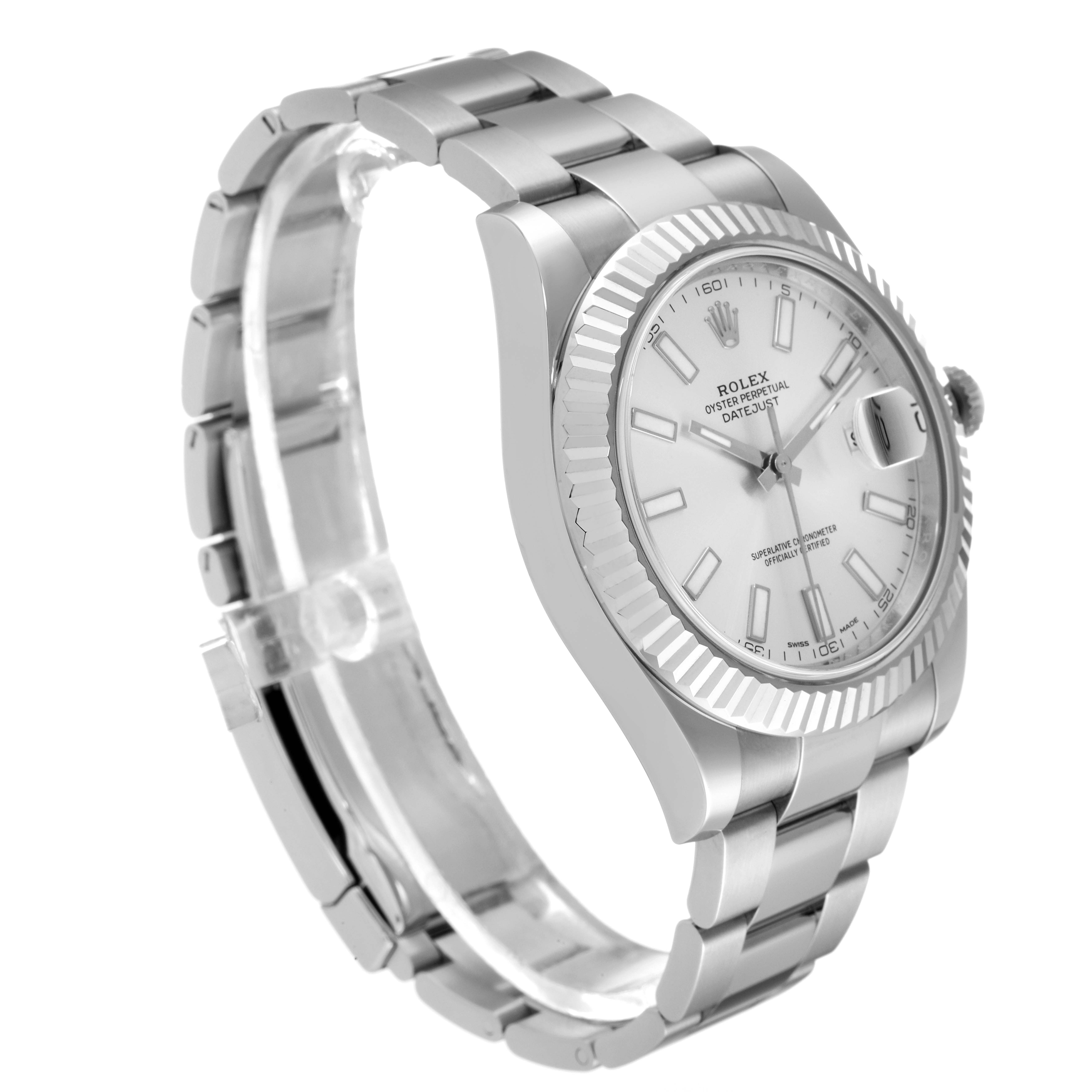 This Rolex Datejust 41 116334 Men's Stainless Steel Silver Dial 116334 Men's Stainless Steel Silver Dial is shown at a three-quarter angle highlighting its stainless steel bracelet, dial, and fluted bezel.