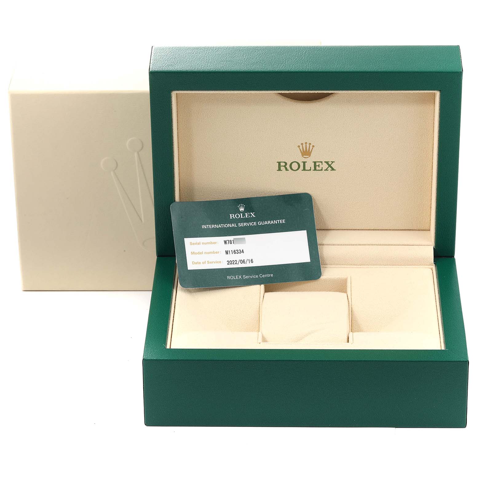 The image shows the packaging and guarantee card for a Rolex Datejust 41 116334 Men's Stainless Steel Silver Dial 116334 Men's Stainless Steel Silver Dial model, with the box open and no watch visible.