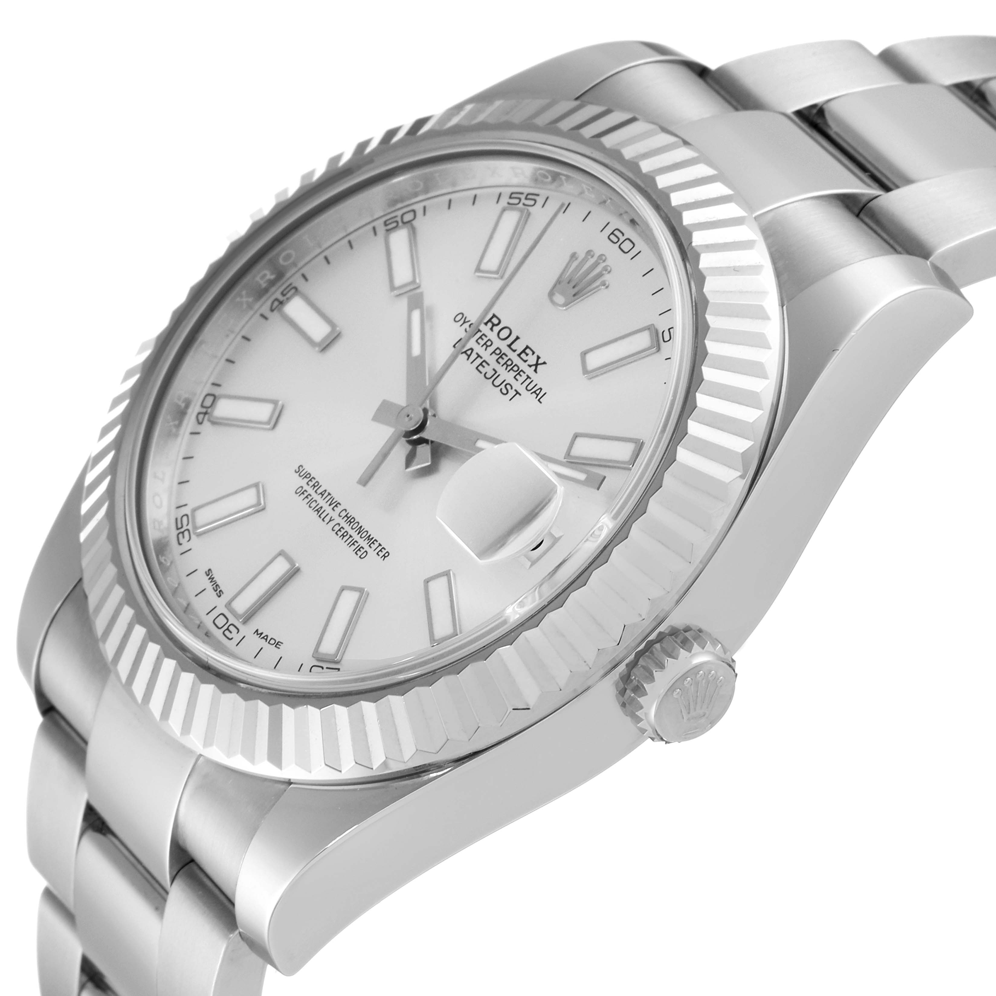 The image shows a Rolex Datejust 41 116334 Men's Stainless Steel Silver Dial 116334 Men's Stainless Steel Silver Dial watch from an angled side view highlighting the face, bezel, and bracelet.
