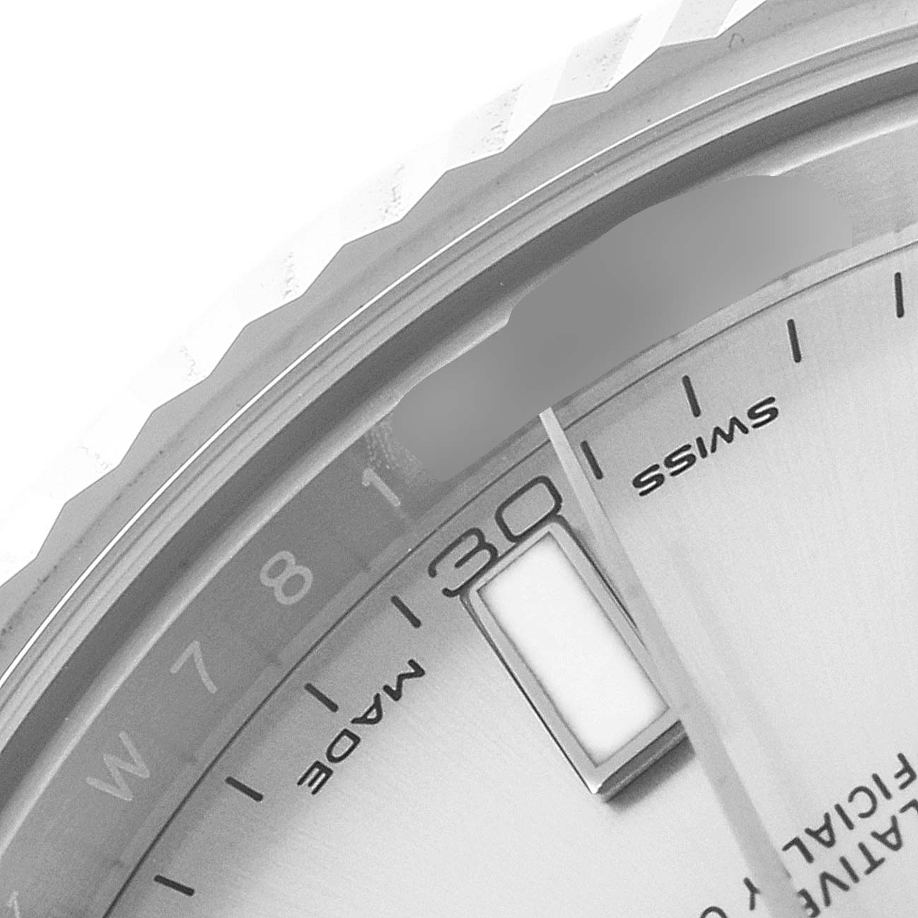 The image shows a close-up of the dial and bezel of a Rolex Datejust 41 116334 Men's Stainless Steel Silver Dial 116334 Men's Stainless Steel Silver Dial watch, focusing on the date window.
