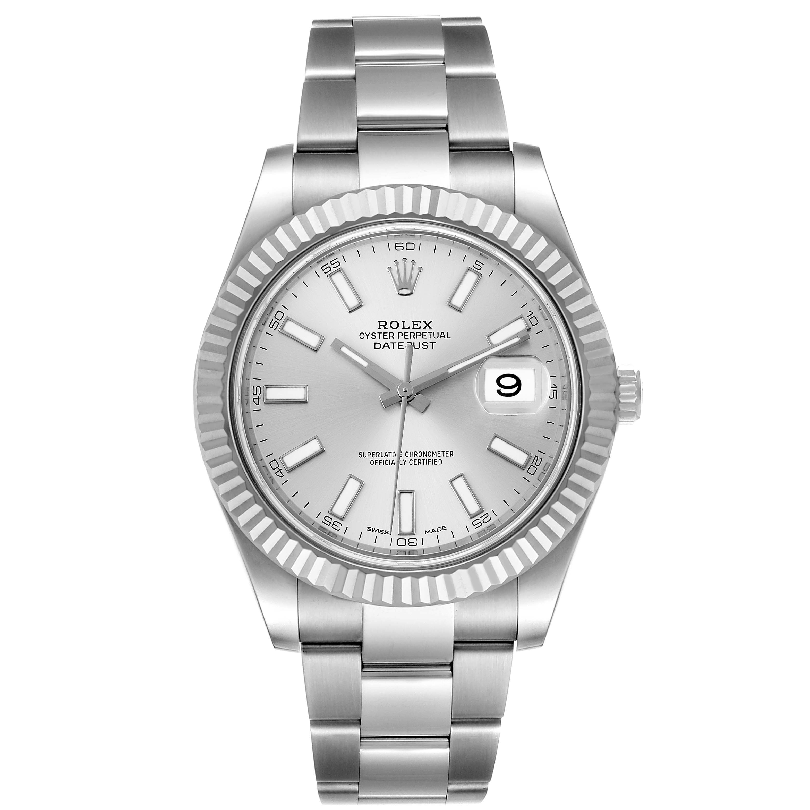 The image shows a front view of a Rolex Datejust 41 116334 Men's Stainless Steel Silver Dial 116334 Men's Stainless Steel Silver Dial watch, showcasing the dial, bezel, and bracelet.