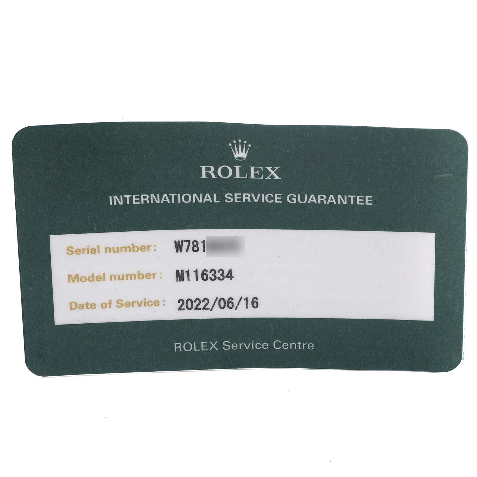 This image shows an International Service Guarantee card for the Rolex Datejust 41 116334 Men's Stainless Steel Silver Dial 116334 Men's Stainless Steel Silver Dial model, indicating its serial number, model number, and service date.