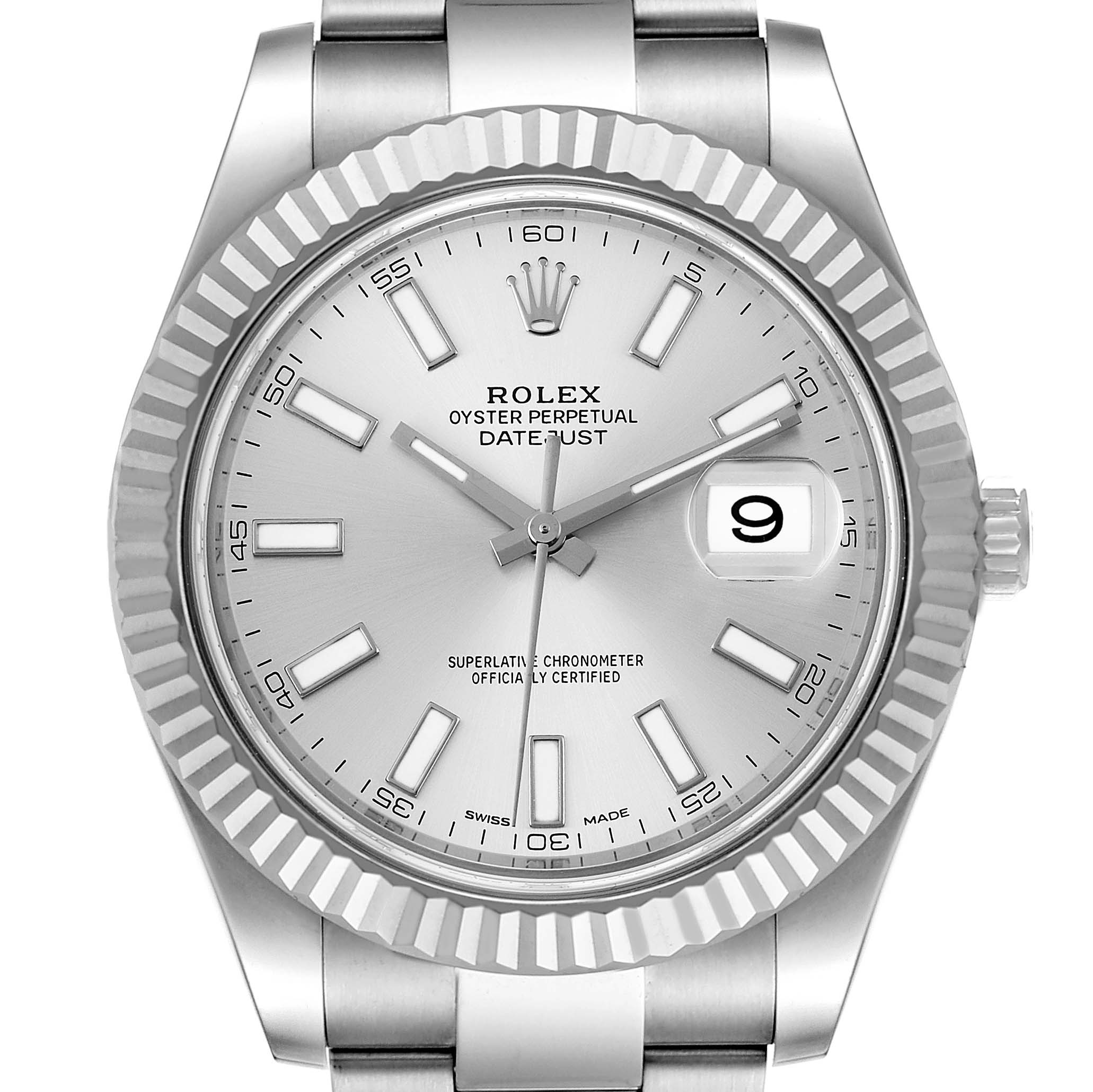 This is a close-up, front view of the Rolex Datejust 41 116334 Men's Stainless Steel Silver Dial 116334 Men's Stainless Steel Silver Dial watch showing the dial, bezel, hands, and date window.