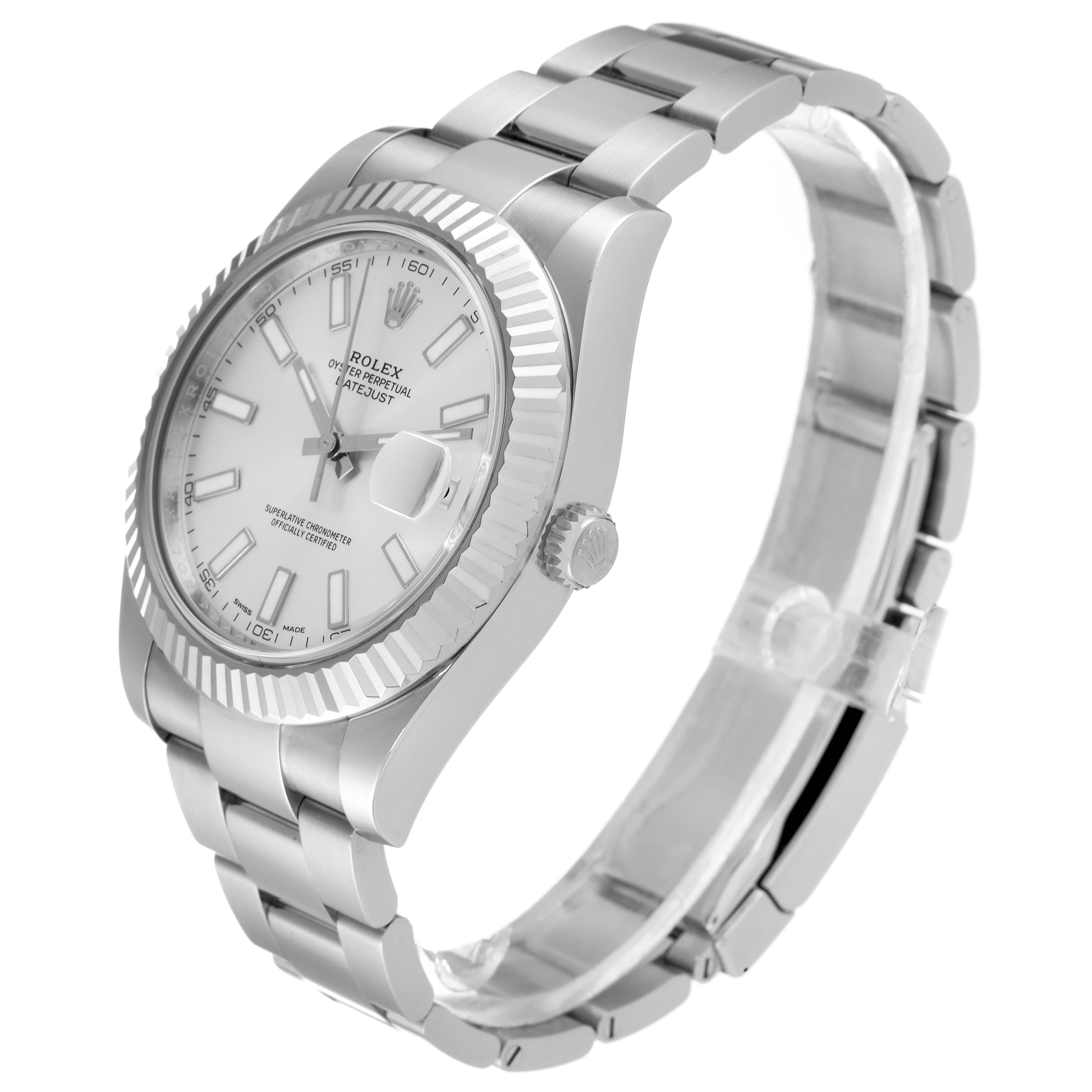 This image shows a Rolex Datejust 41 116334 Men's Stainless Steel Silver Dial 116334 Men's Stainless Steel Silver Dial watch at a three-quarter angle emphasizing the dial, bezel, and bracelet.