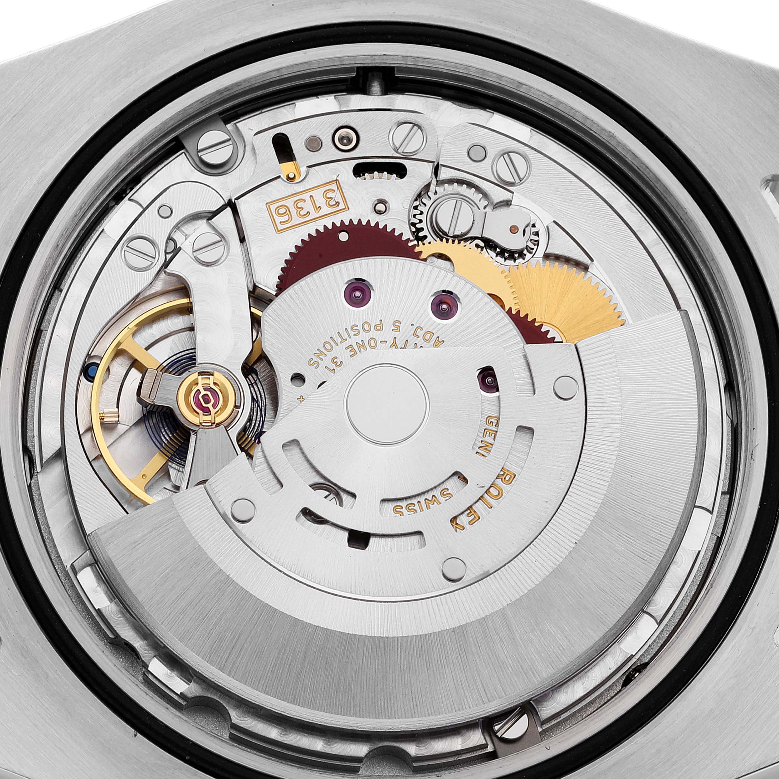 The image shows the inner mechanism and movement of a Rolex Datejust 41 116334 Men's Stainless Steel Silver Dial 116334 Men's Stainless Steel Silver Dial watch from the back angle.
