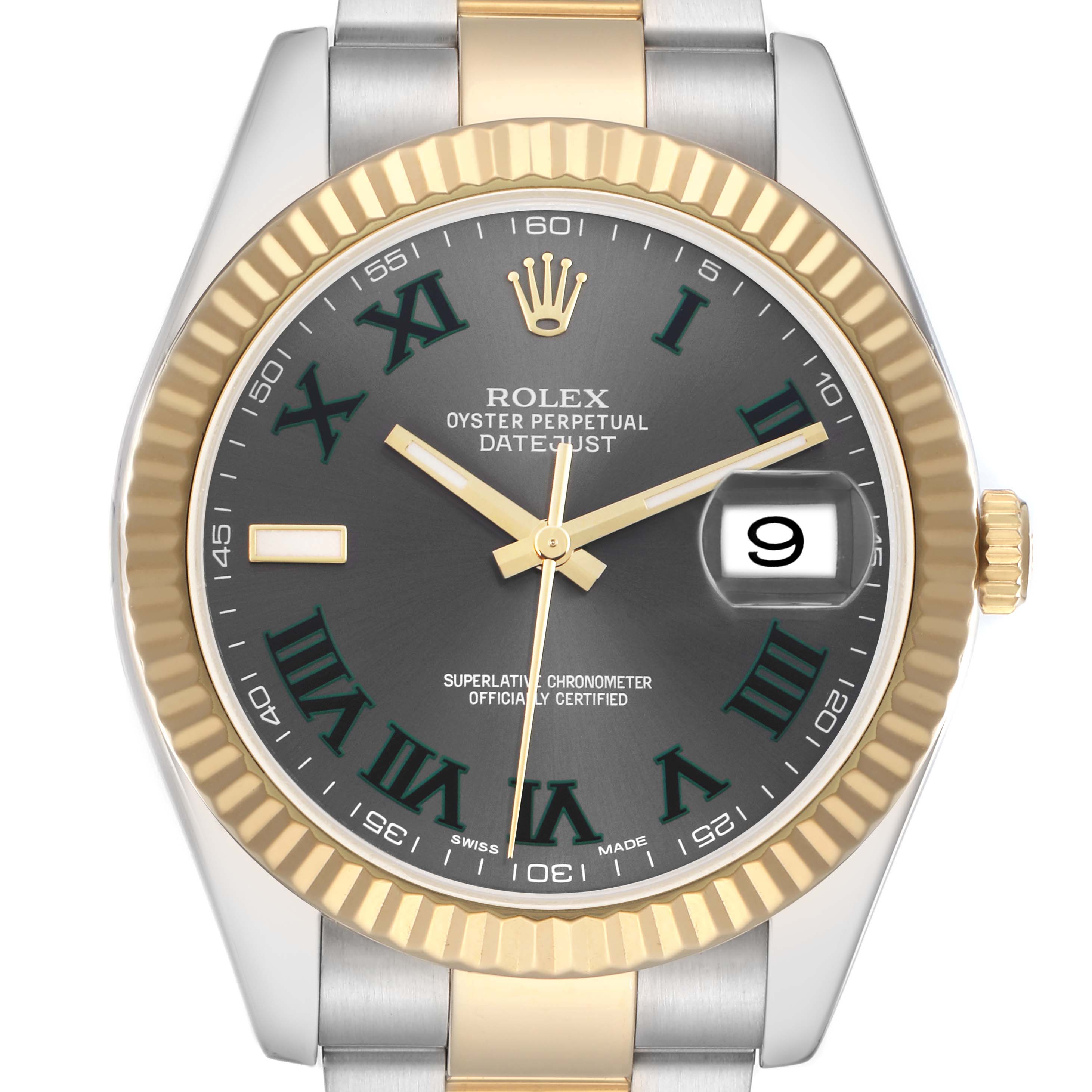 The Rolex Datejust 41 (model 116333) is shown from the front, highlighting the dial, Roman numerals, date window, two-tone bezel, and part of the bracelet.