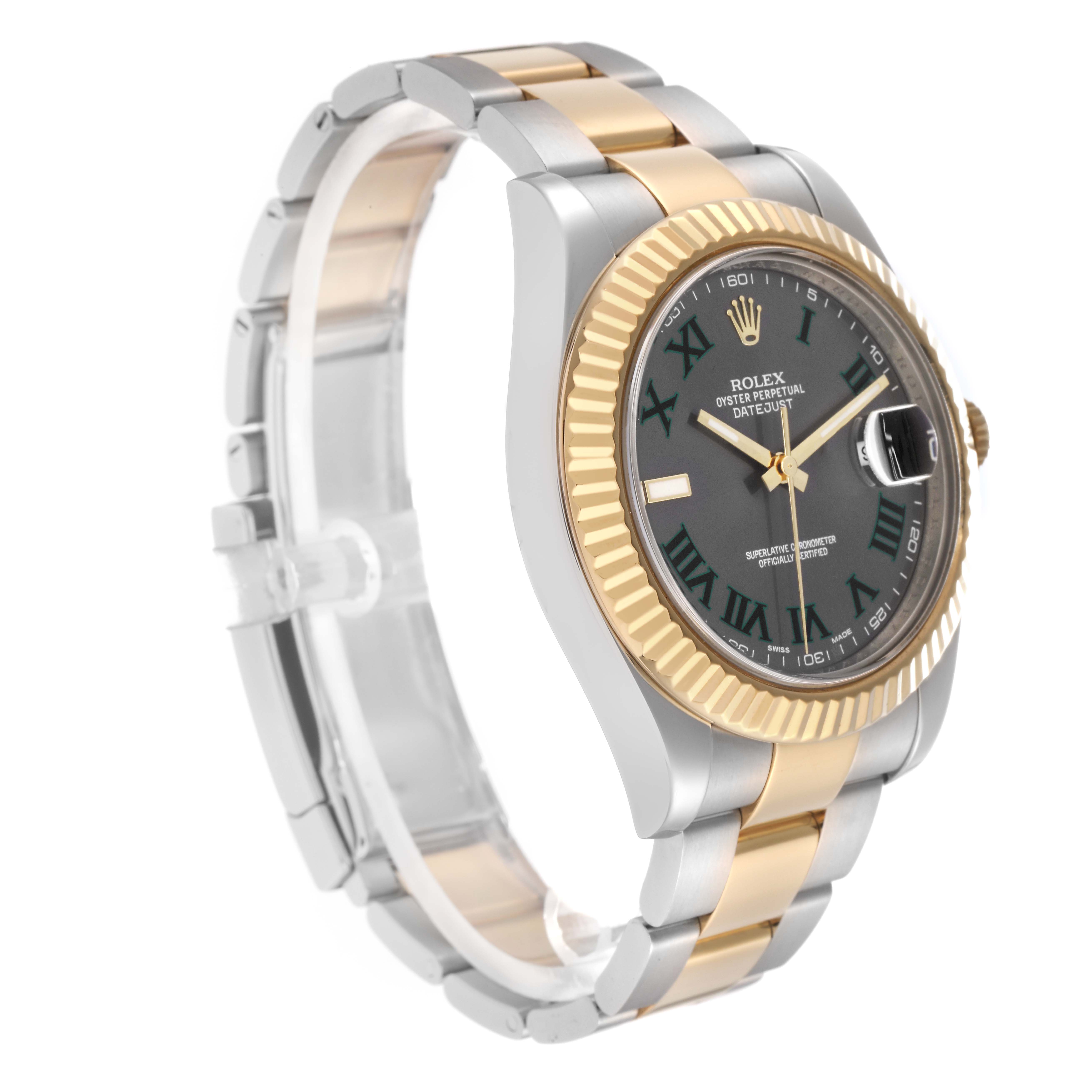 The Rolex Datejust 41, model number 116333, is shown at a slight angle highlighting the gold and silver two-tone bezel, bracelet, and dark dial.