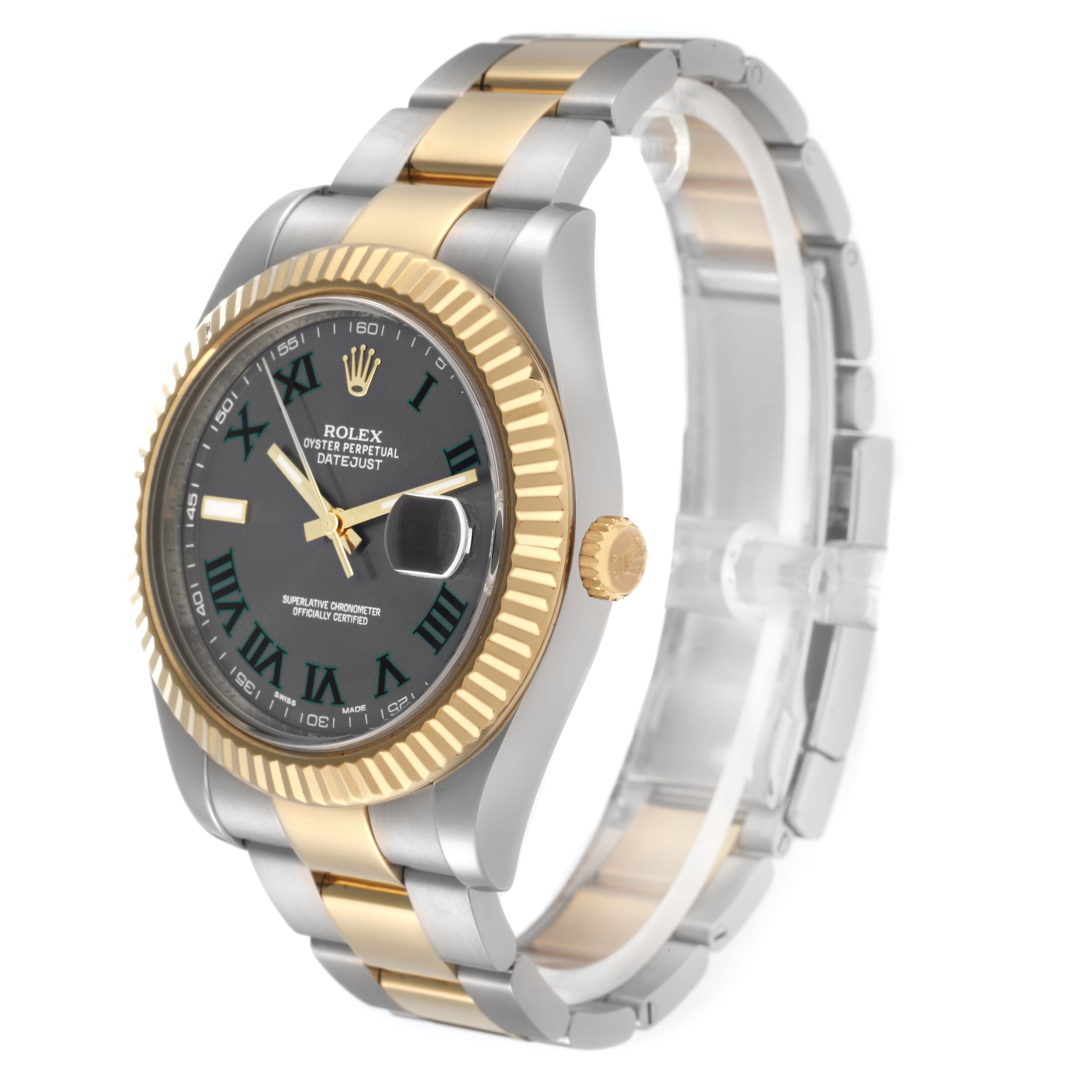 The Rolex Datejust 41 model 116333 is shown at a slight angle, highlighting the two-tone bracelet, black dial, gold fluted bezel, and crown.