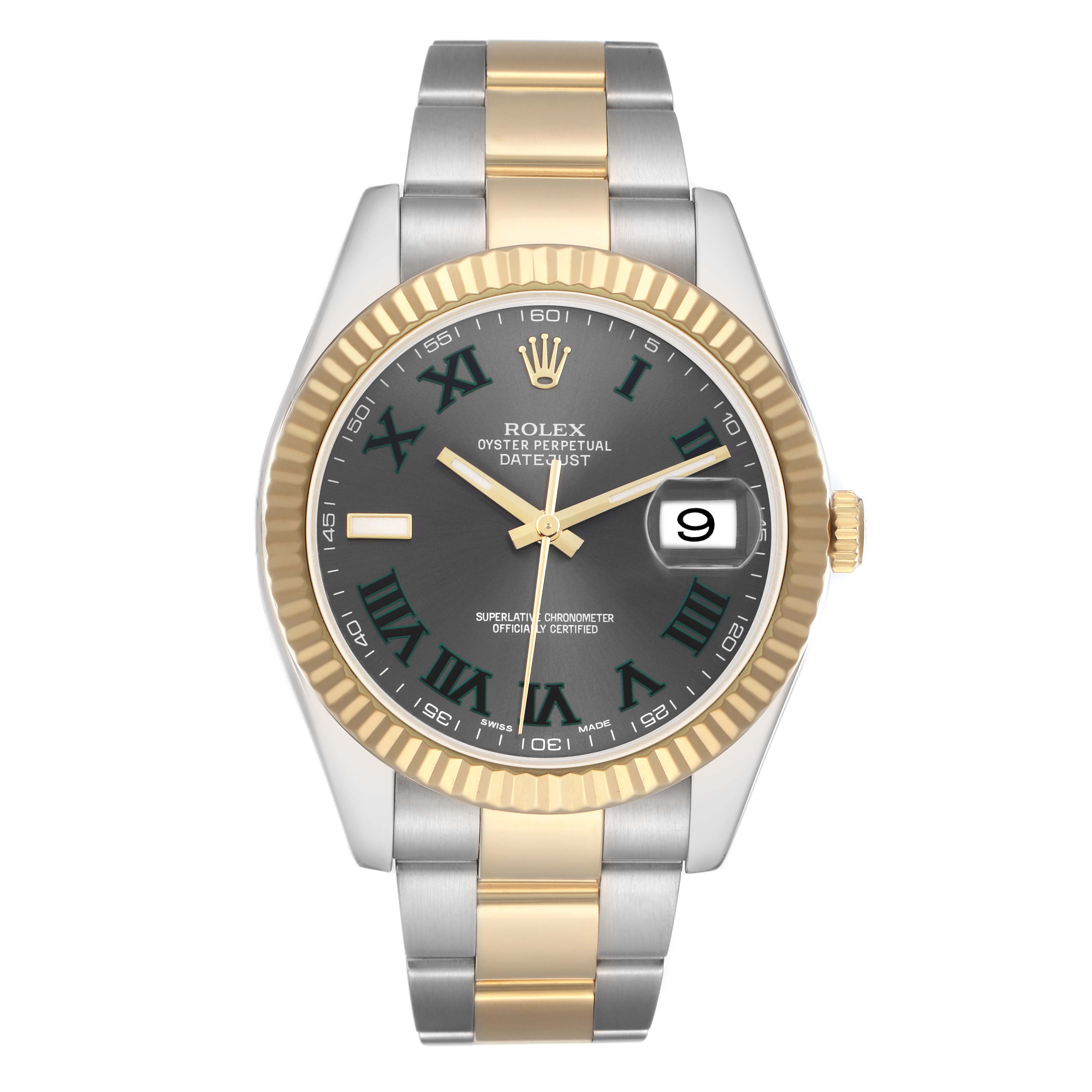 The Rolex Datejust 41 model 116333 is shown from the front, displaying the black dial, gold fluted bezel, two-tone bracelet, and cyclops lens over the date.