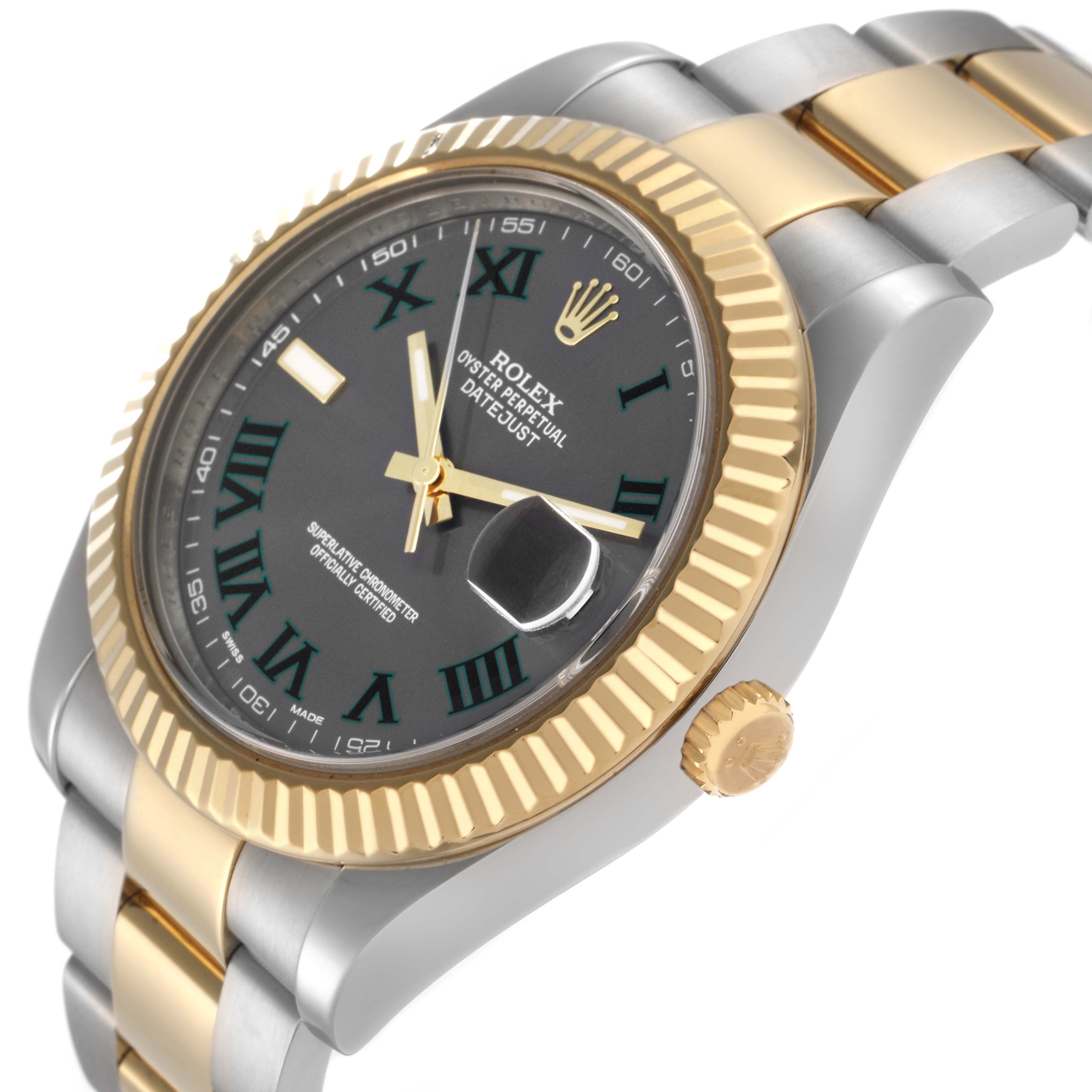 The Rolex Datejust 41 model 116333 is shown at a slight angle, highlighting its gold fluted bezel, grey dial, gold crown, and two-tone bracelet.