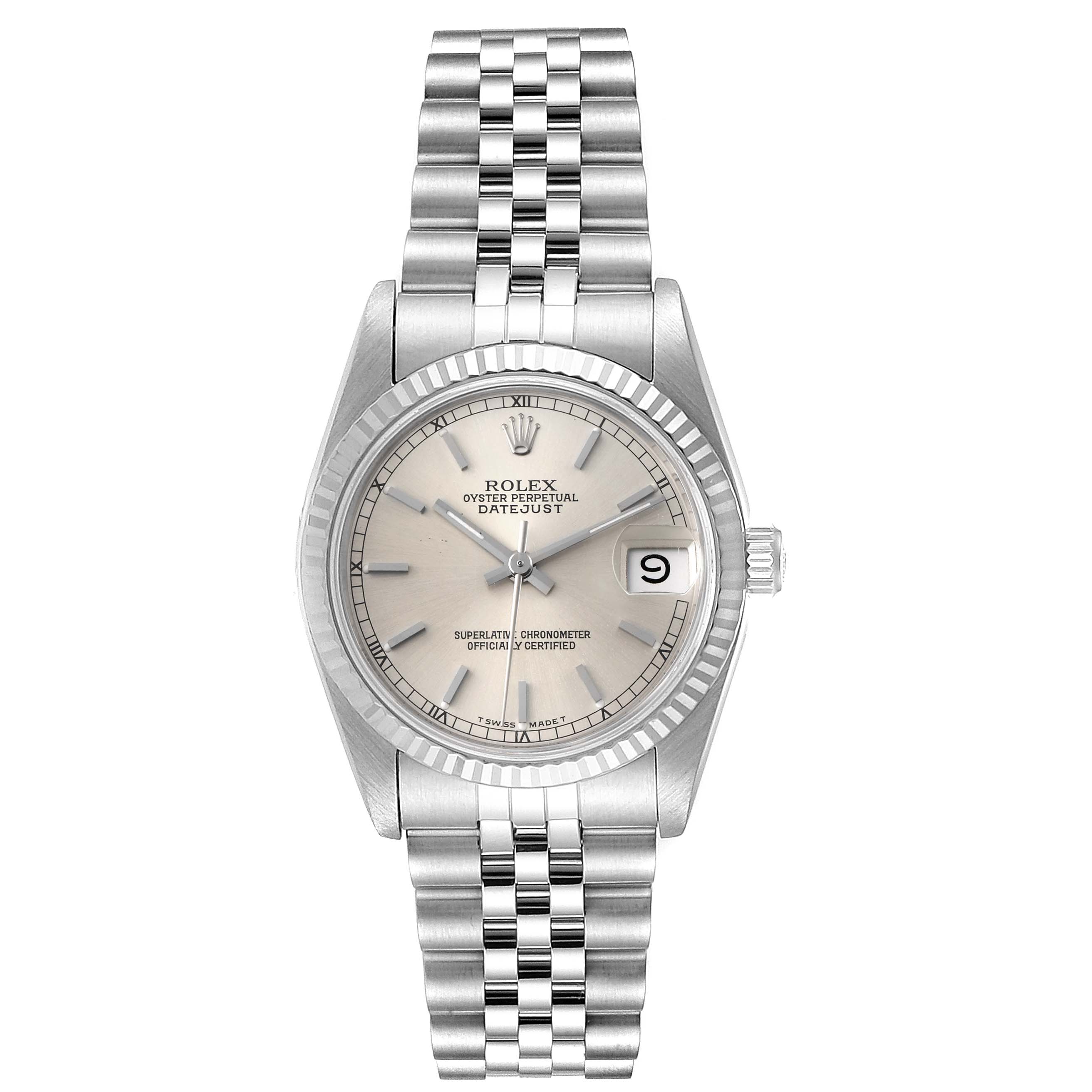 The image shows a front view of a Rolex Mid-Size 68274 Women's Stainless Steel Silver Dial 68274 Women's Stainless Steel Silver Dial Oyster Perpetual Datejust, displaying the watch face, bezel, and bracelet.