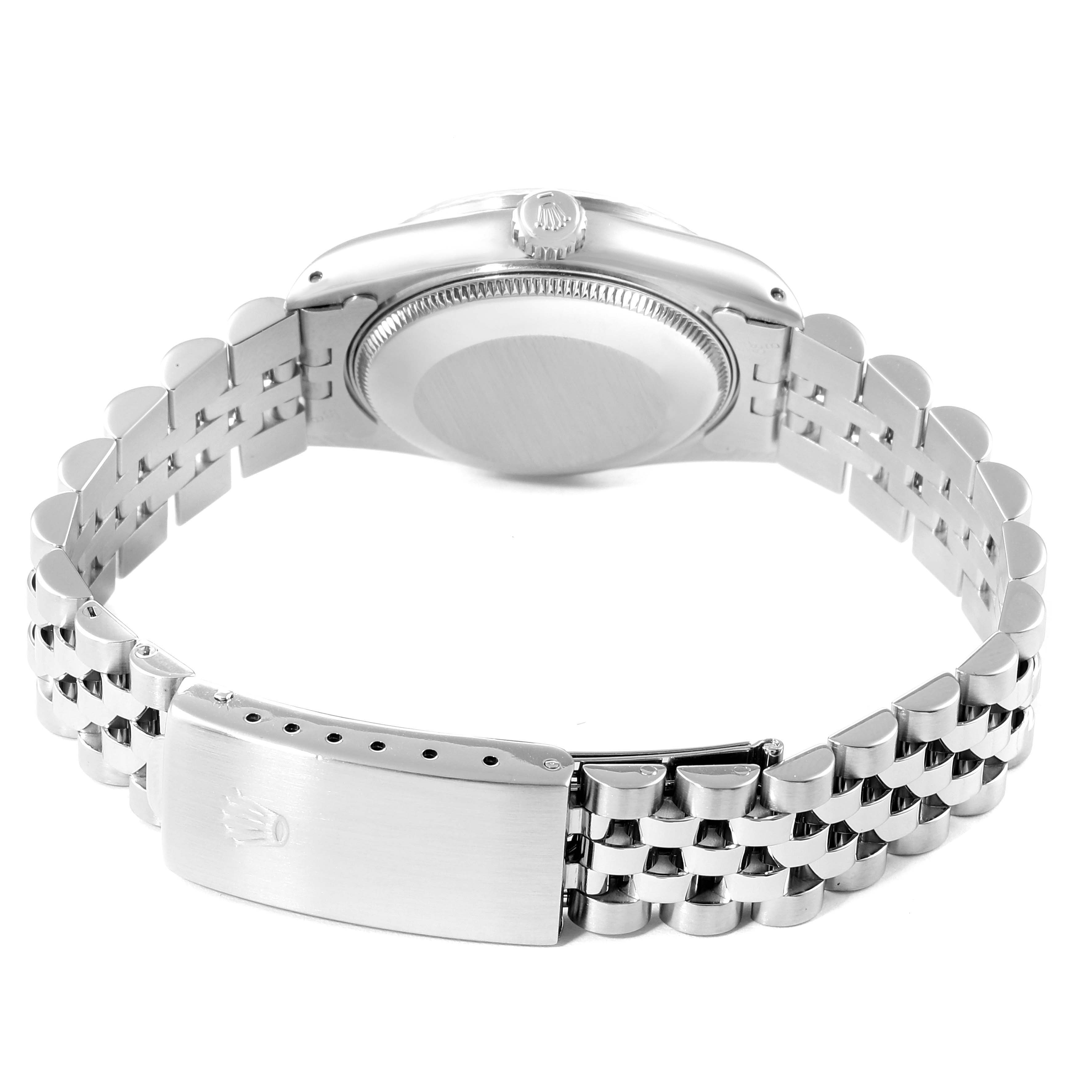 This image shows the back and bracelet of a Rolex Mid-Size 68274 Women's Stainless Steel Silver Dial 68274 Women's Stainless Steel Silver Dial watch, focusing on the clasp and case back.