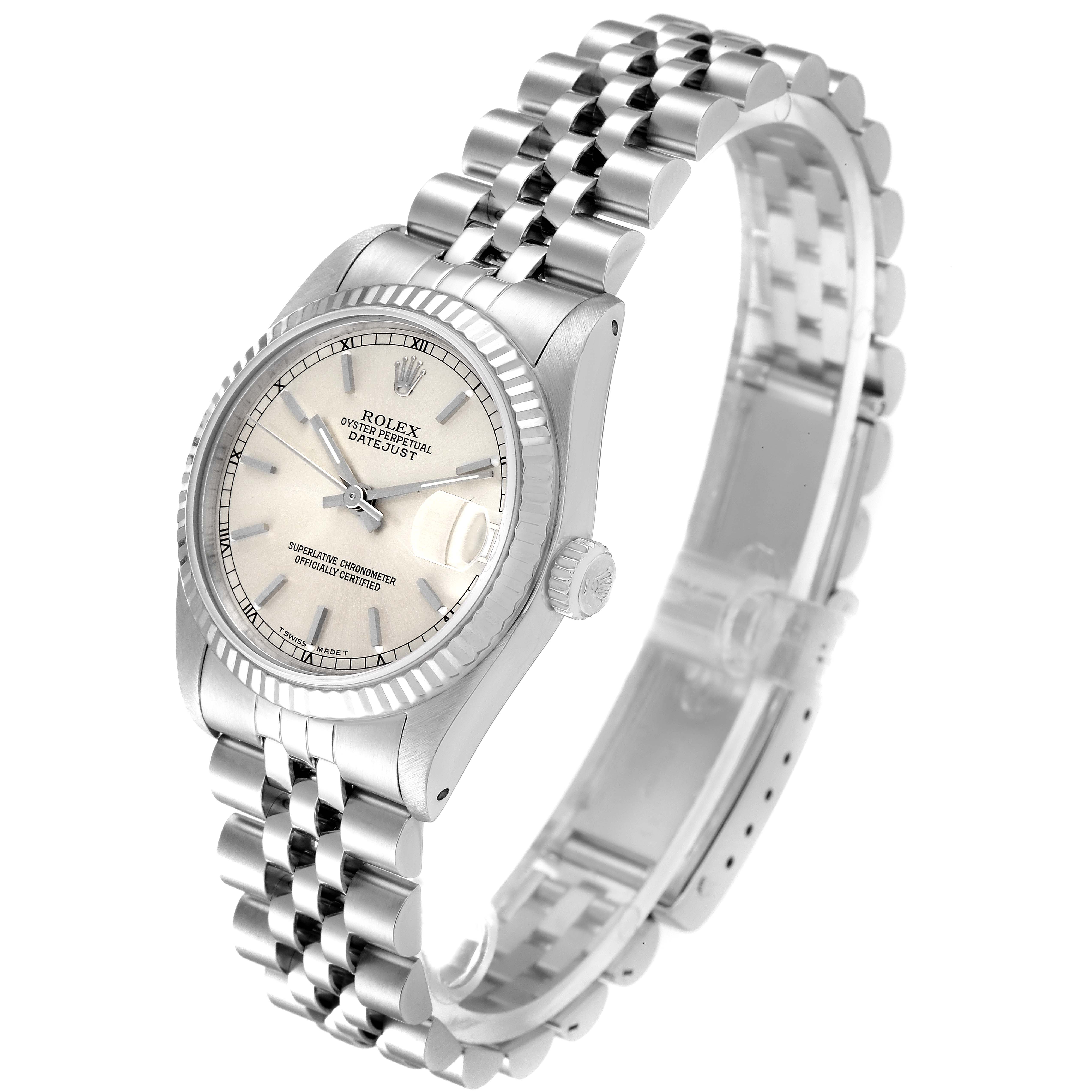 This image shows a mid-side Rolex watch angled to display its face, crown, and Jubilee bracelet.