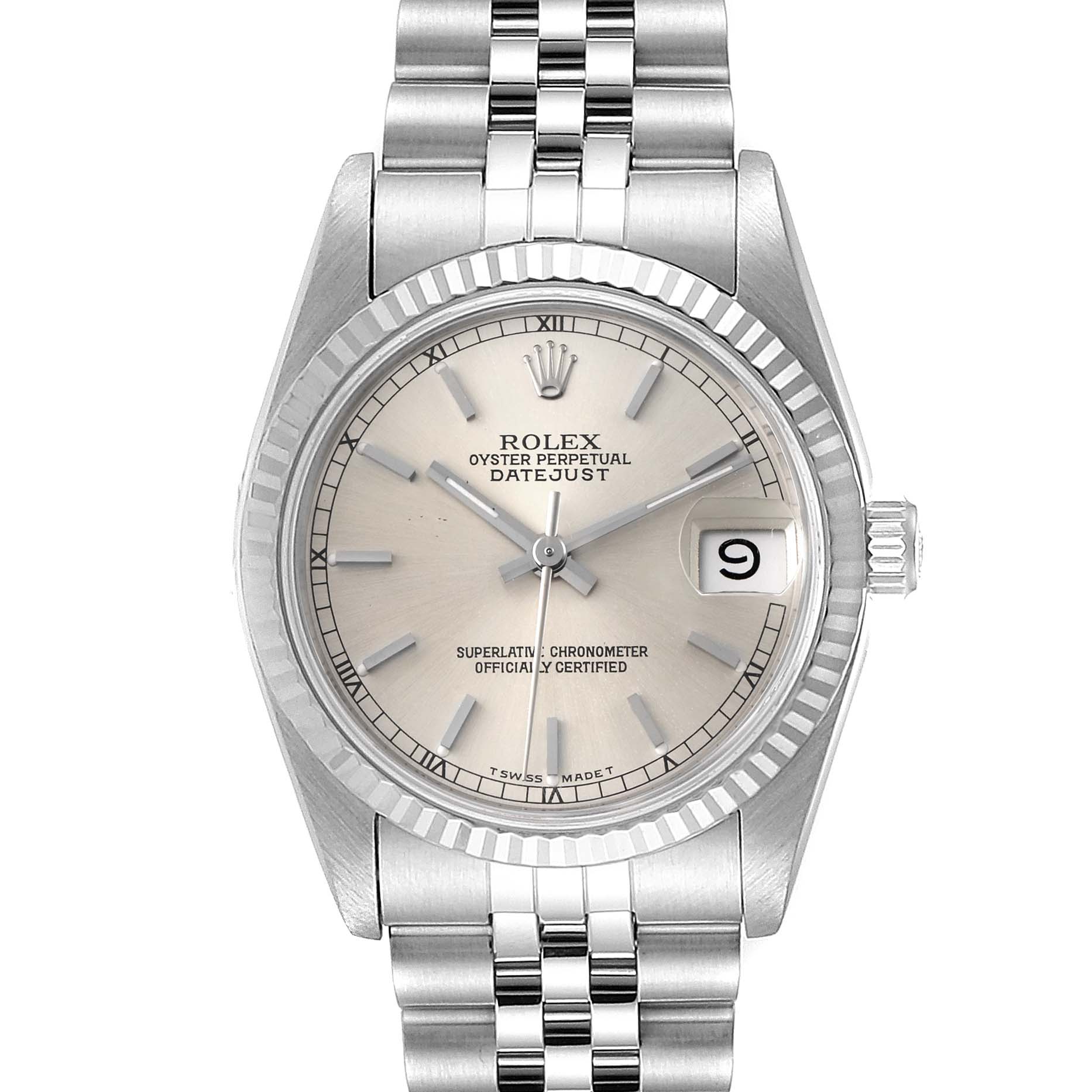 The image shows a front view of the Rolex Datejust Mid-Size watch, highlighting the dial, bezel, and part of the bracelet.