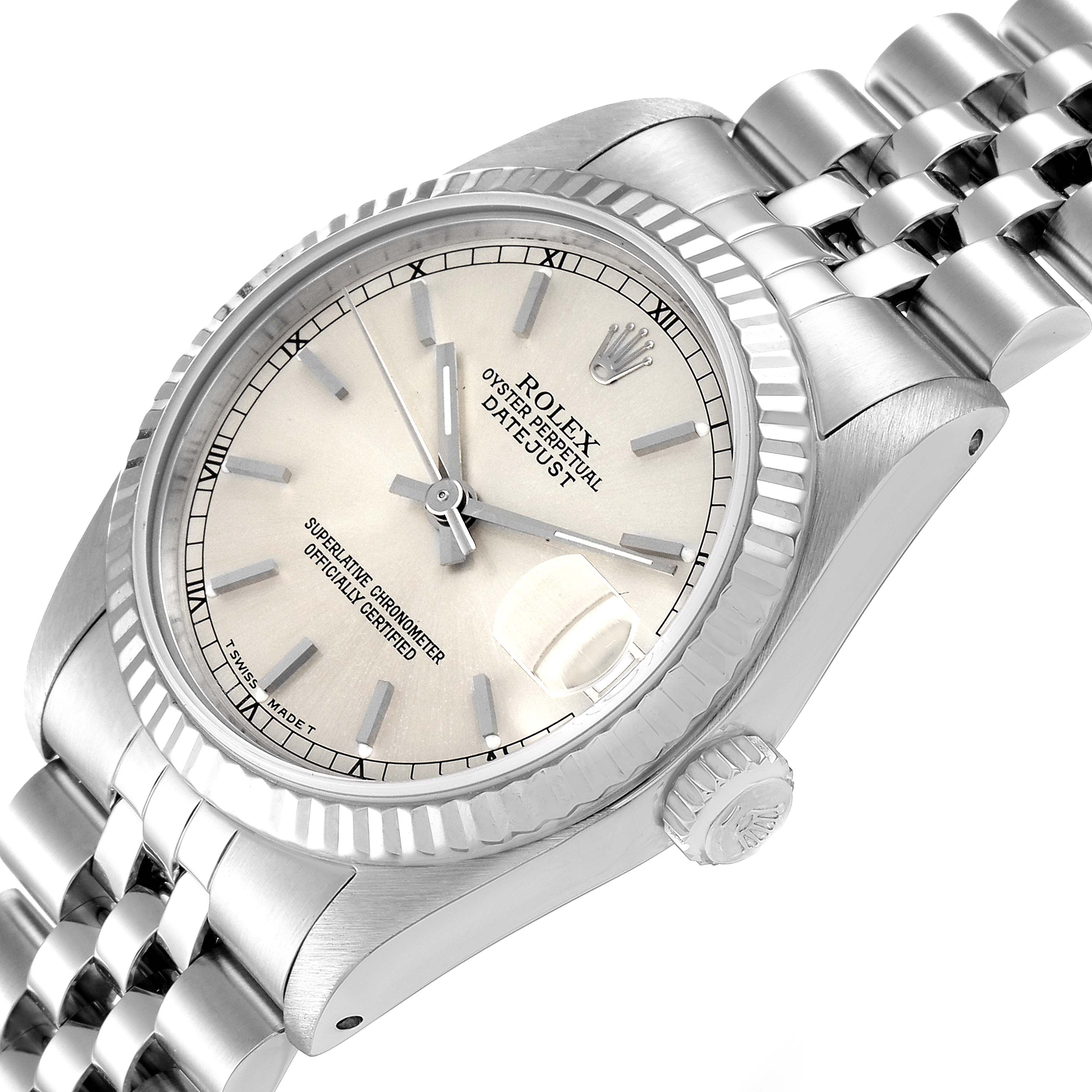 The image shows a Rolex Mid-Size 68274 Women's Stainless Steel Silver Dial 68274 Women's Stainless Steel Silver Dial model from a tilted angle, displaying the dial, bezel, crown, and part of the bracelet.