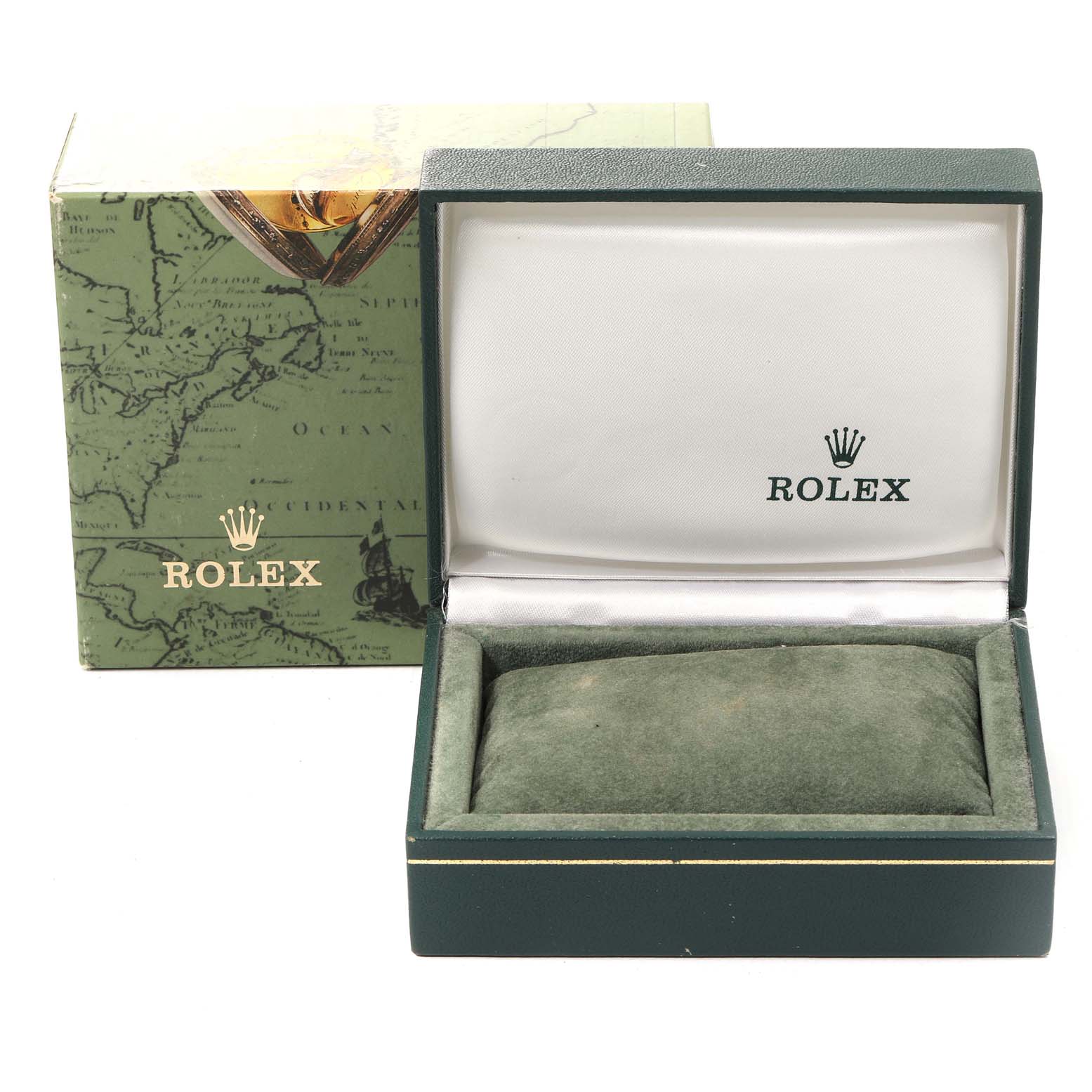 This image shows the packaging of a Mid-Size Rolex watch, including an open watch box and an outer box with a map design.