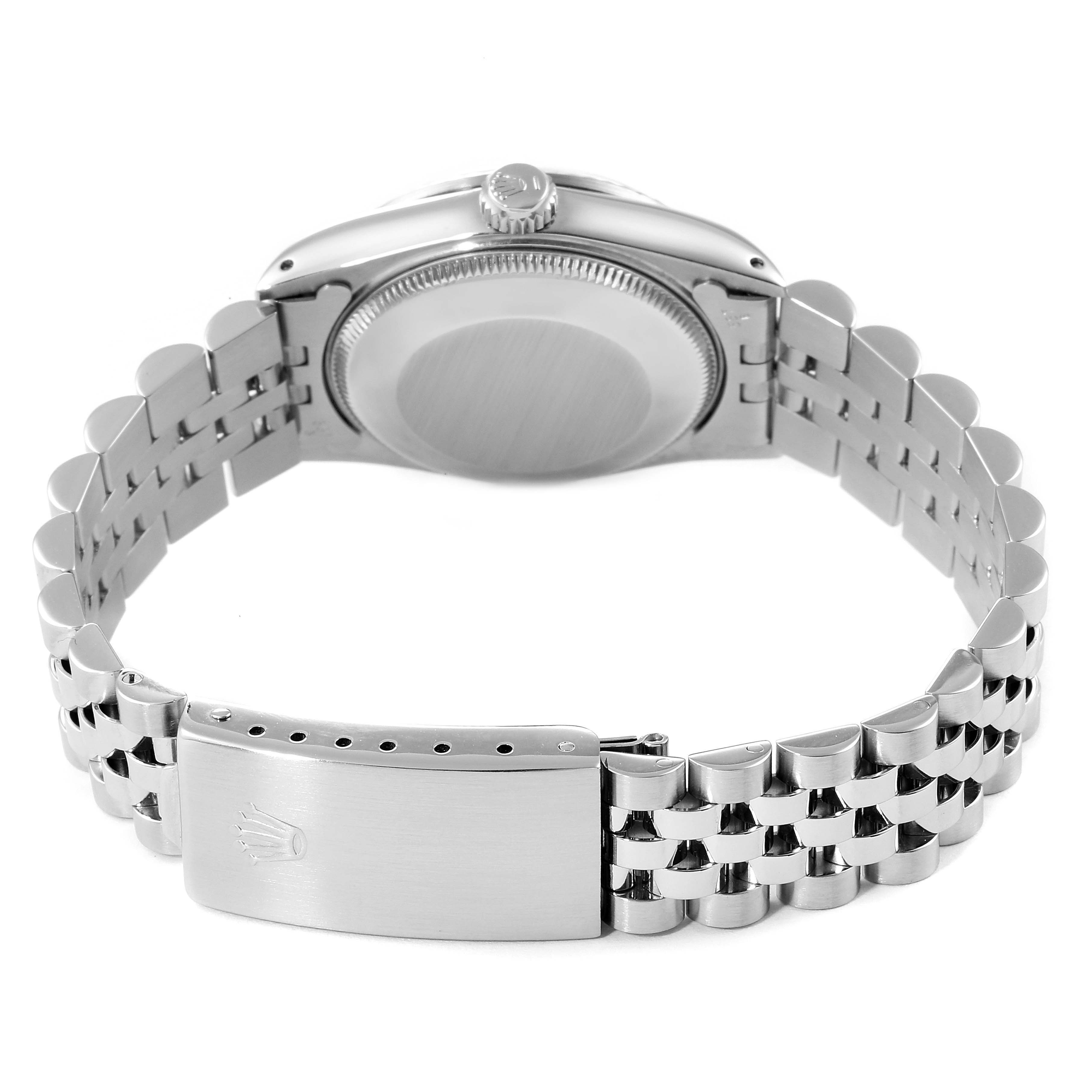 This image shows a rear view of the Rolex Mid-Size 68274 Women
s Stainless Steel Silver Dial 68274 Women
s Stainless Steel Silver Dial model watch, highlighting the case back and bracelet clasp.