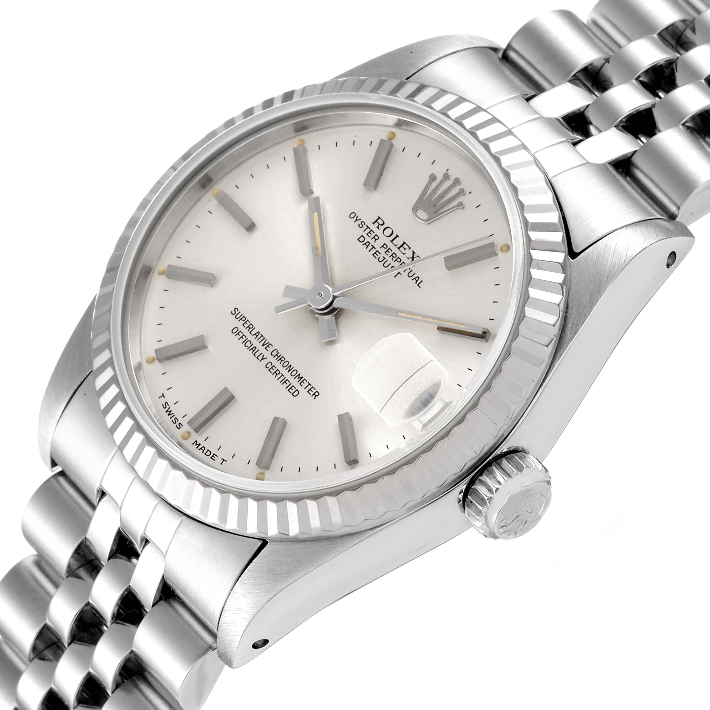 This image shows a mid-size Rolex watch from an angled view, highlighting the face, bezel, crown, and part of the bracelet.