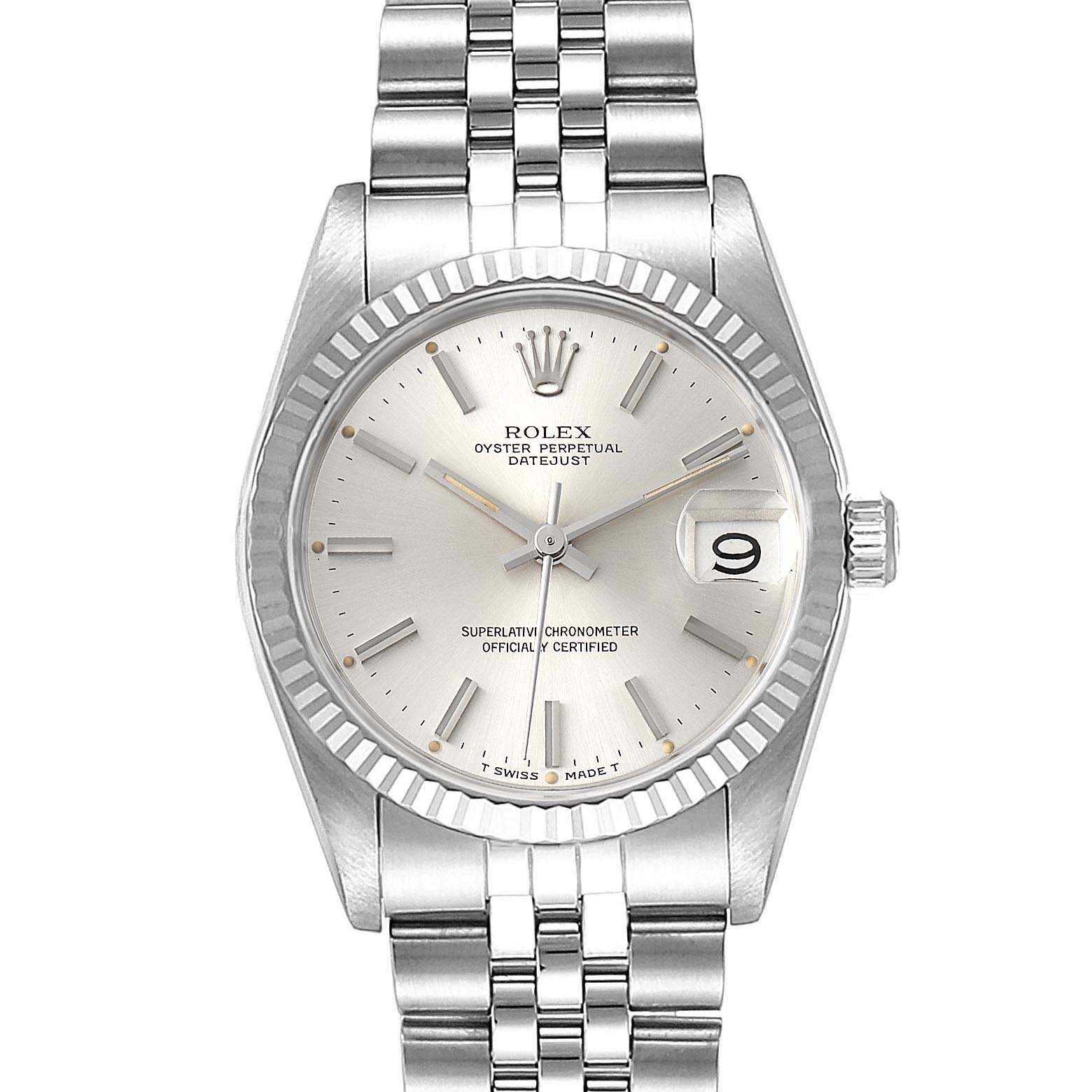 This image shows a front view of a Rolex Datejust Mid-Size watch, displaying its dial, bezel, case, and bracelet.